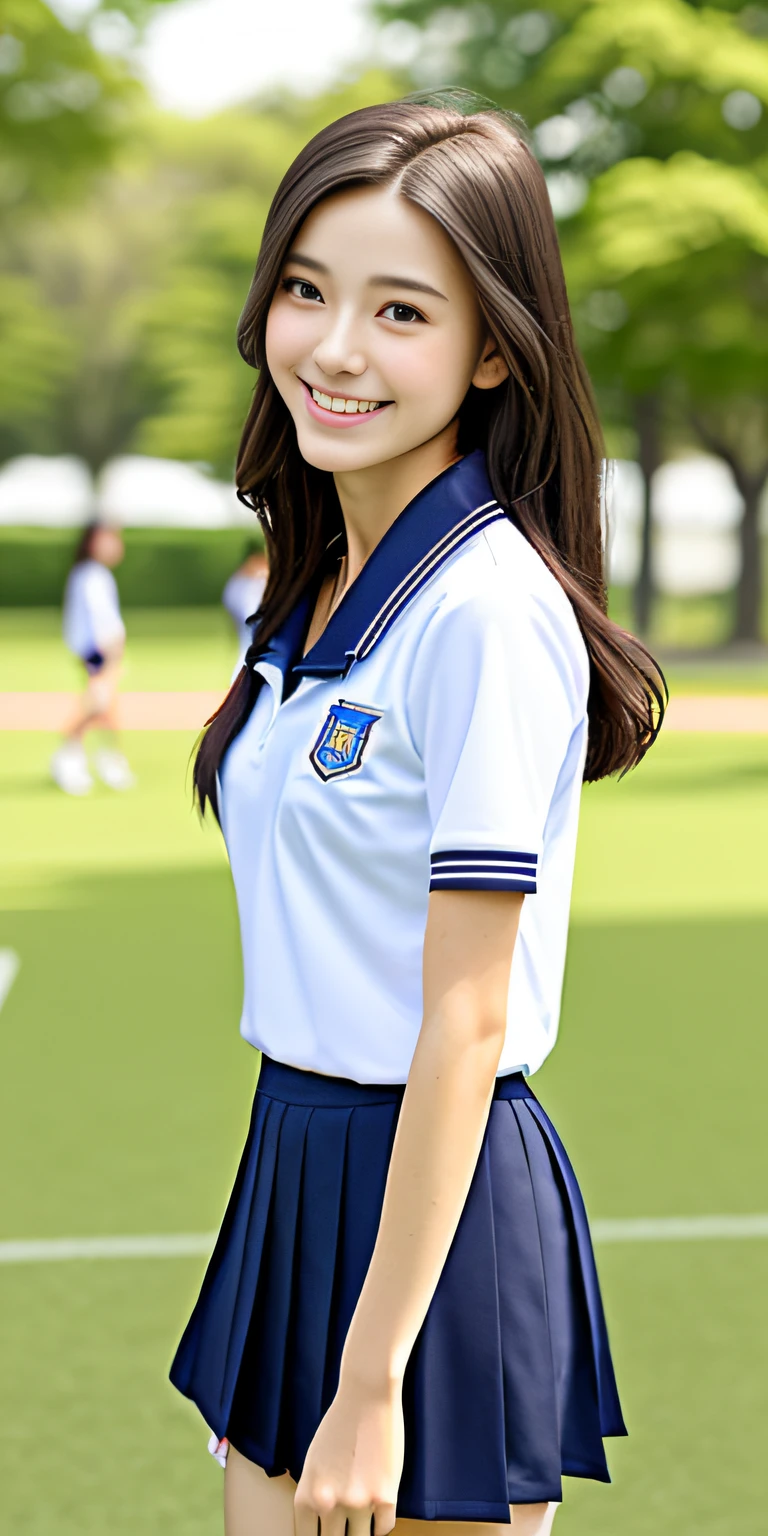 neat college girl, petite, (school uniform, summer clothes, short sleeves), outside the athletic field, (slim), photorealistic, detail, skin texture, ultra detail, delicate sexy collarbone, smile, super detailed face, detailed lips, detailed eyes, breast enhancement, waist thin