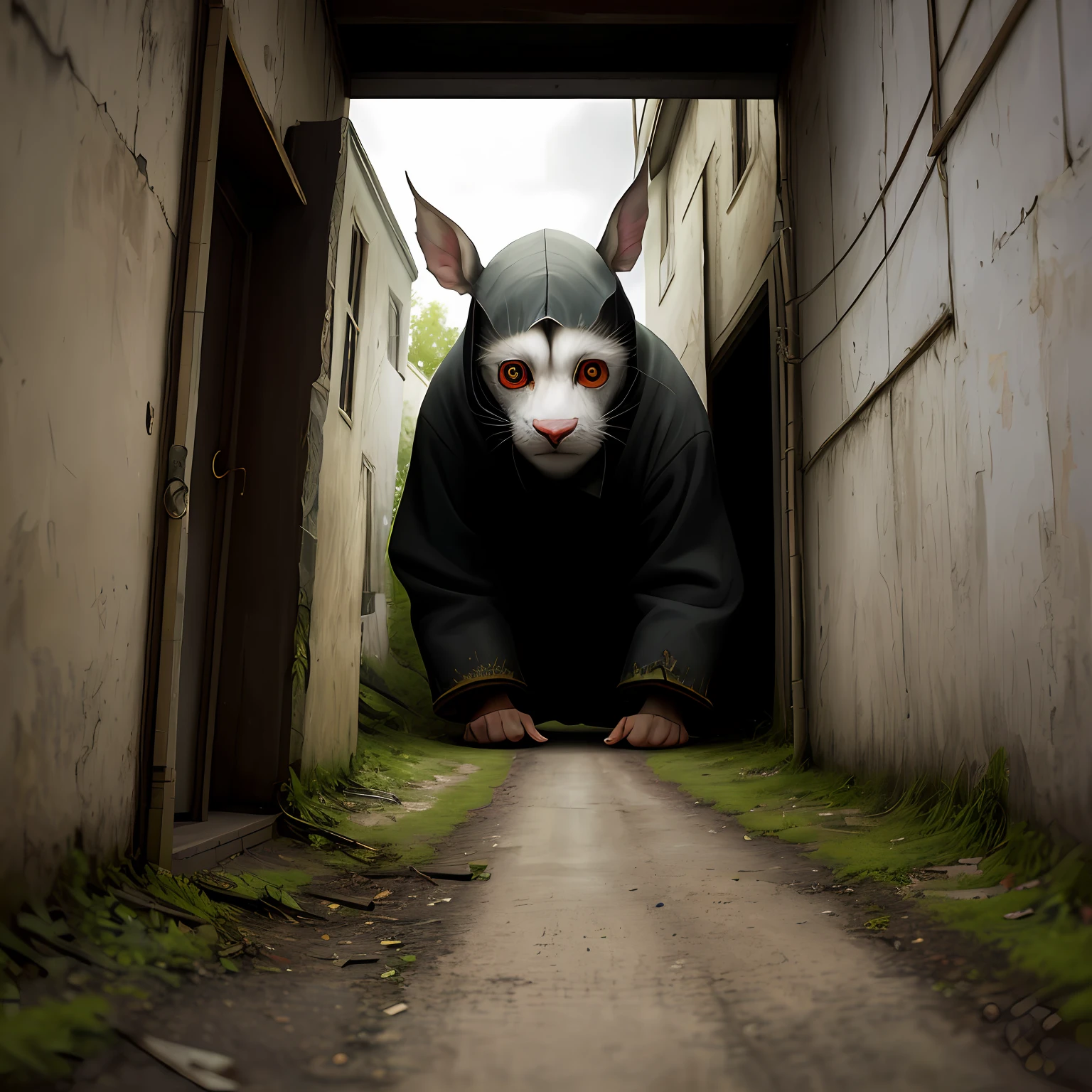 a realistic photo of a nightmare, inspired by Hieronymus Bosch , peekaboo in abandoned street