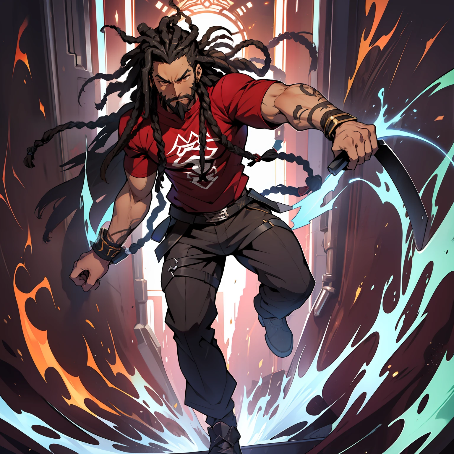 1boy, solo, older, ((fate grand order)), black hair, (((dreads))), serious expression, full beard, brown eyes, train, (full body portrait), maroon t-shirt, (((dark skin)))