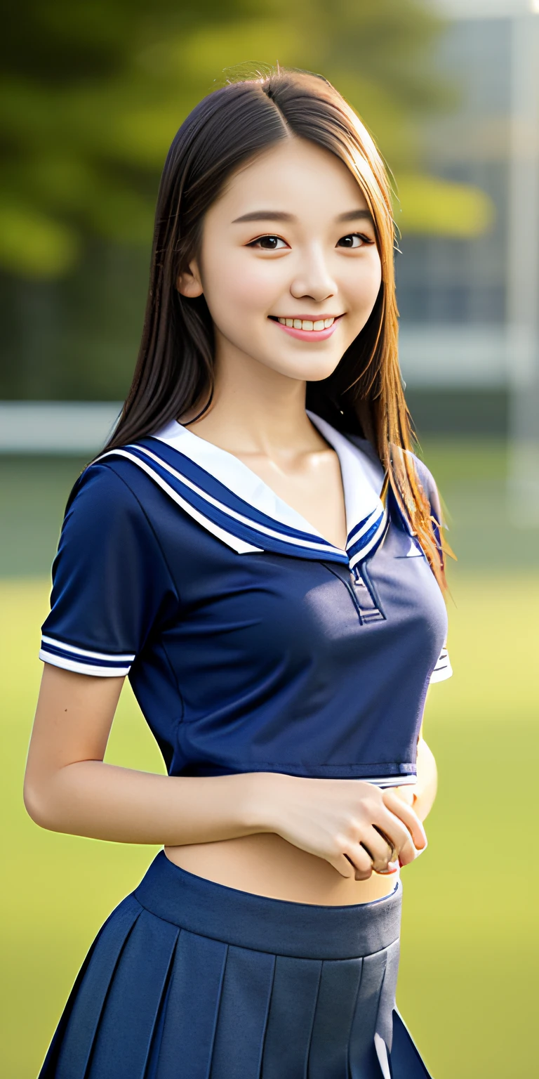 neat college girl, ite, (school uniform, summer clothes, short sleeves), outside the athletic field, (slim), photorealistic, detail, skin texture, ultra detail, delicate sexy collarbone, smile, super detailed face, detailed lips, detailed eyes, breast enhancement, waist thin