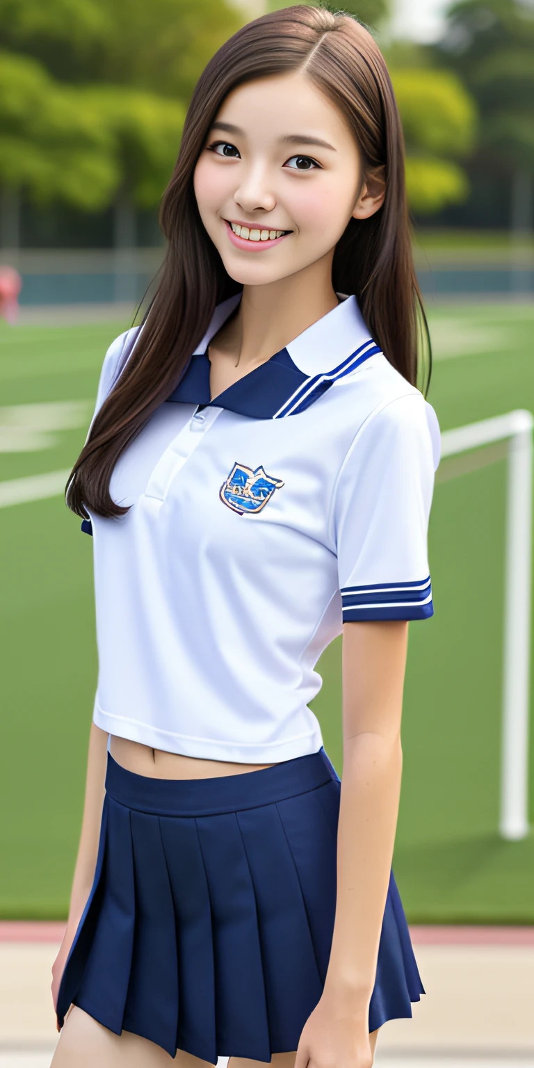 neat college girl, petite, (school uniform, summer clothes, short sleeves), outside the athletic field, (slim), photorealistic, detail, skin texture, ultra detail, delicate sexy collarbone, smile, super detailed face, detailed lips, detailed eyes, breast enhancement, waist thin