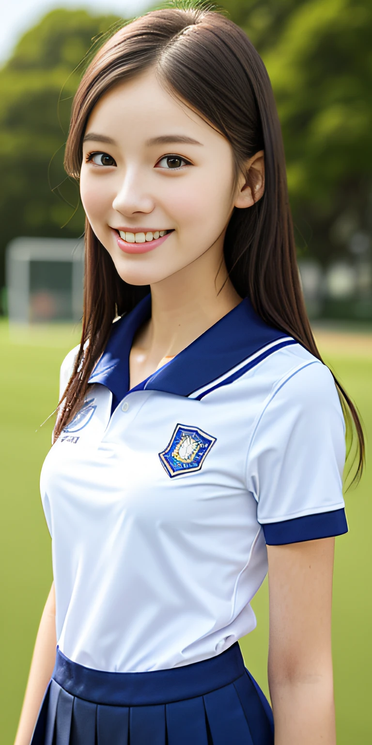 neat college girl, petite, (school uniform, summer clothes, short sleeves), outside the athletic field, (slim), photorealistic, detail, skin texture, ultra detail, delicate sexy collarbone, smile, super detailed face, detailed lips, detailed eyes, breast enhancement, waist thin