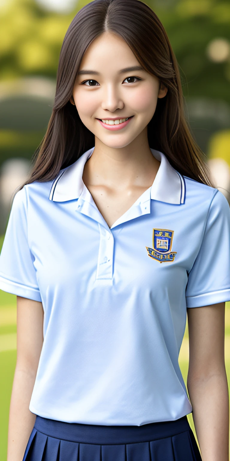 neat college girl, petite, (school uniform, summer clothes, short sleeves), outside the athletic field, (slim), photorealistic, detail, skin texture, ultra detail, delicate sexy collarbone, smile, super detailed face, detailed lips, detailed eyes, breast enhancement, waist thin