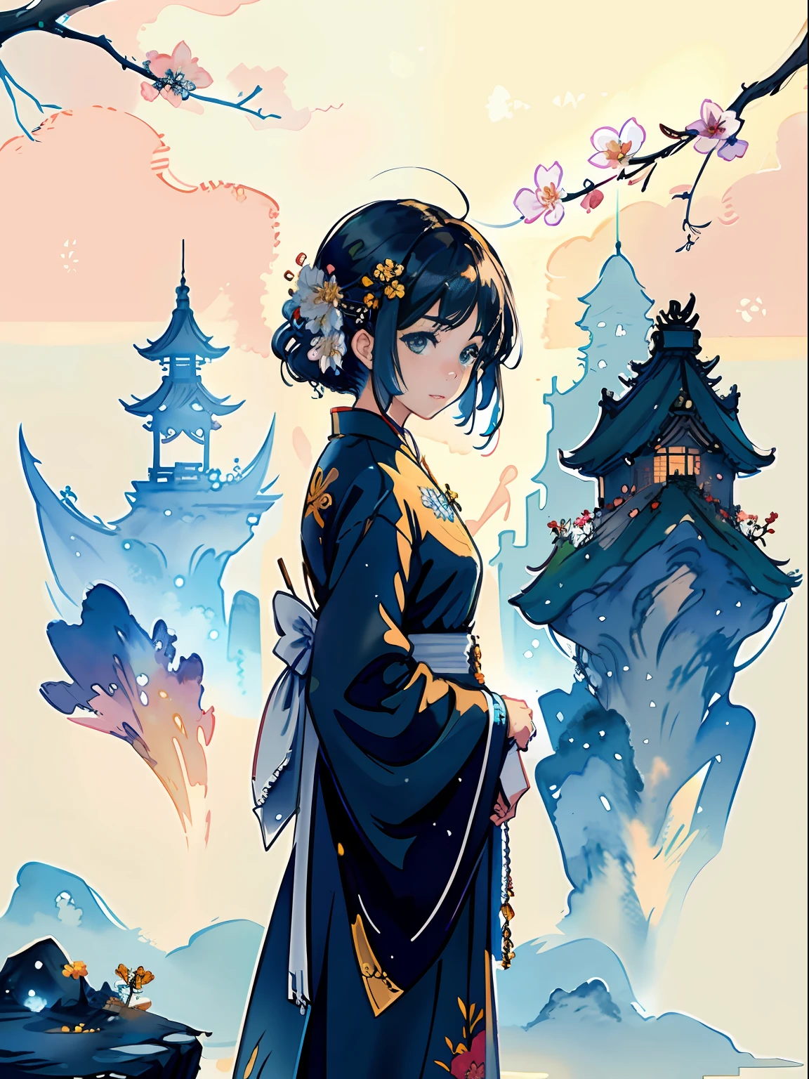 Portrait, Beautiful Avatar, Watercolor, (Illustration: 1.1), (Best Quality), (Masterpiece: 1.1), (Very Detailed CG Unity 8k Wallpaper: 1.1), (Color: 0.9), (Panorama: 1.4), (Full Body: 1.05), (Single: 1.2), (Splash Ink), (Splash Color), ((Watercolor)), Clear and Sharp, {1girl Standing}, ((Chinese Style)), Flower Background, Outdoor, Rock, Looking at the Viewer, Making Happy Expressions, Soft Smile , pure, beautiful detailed face and eyes, beautiful intricate clothing pattern details, black hair, black eyes, colorful watercolor