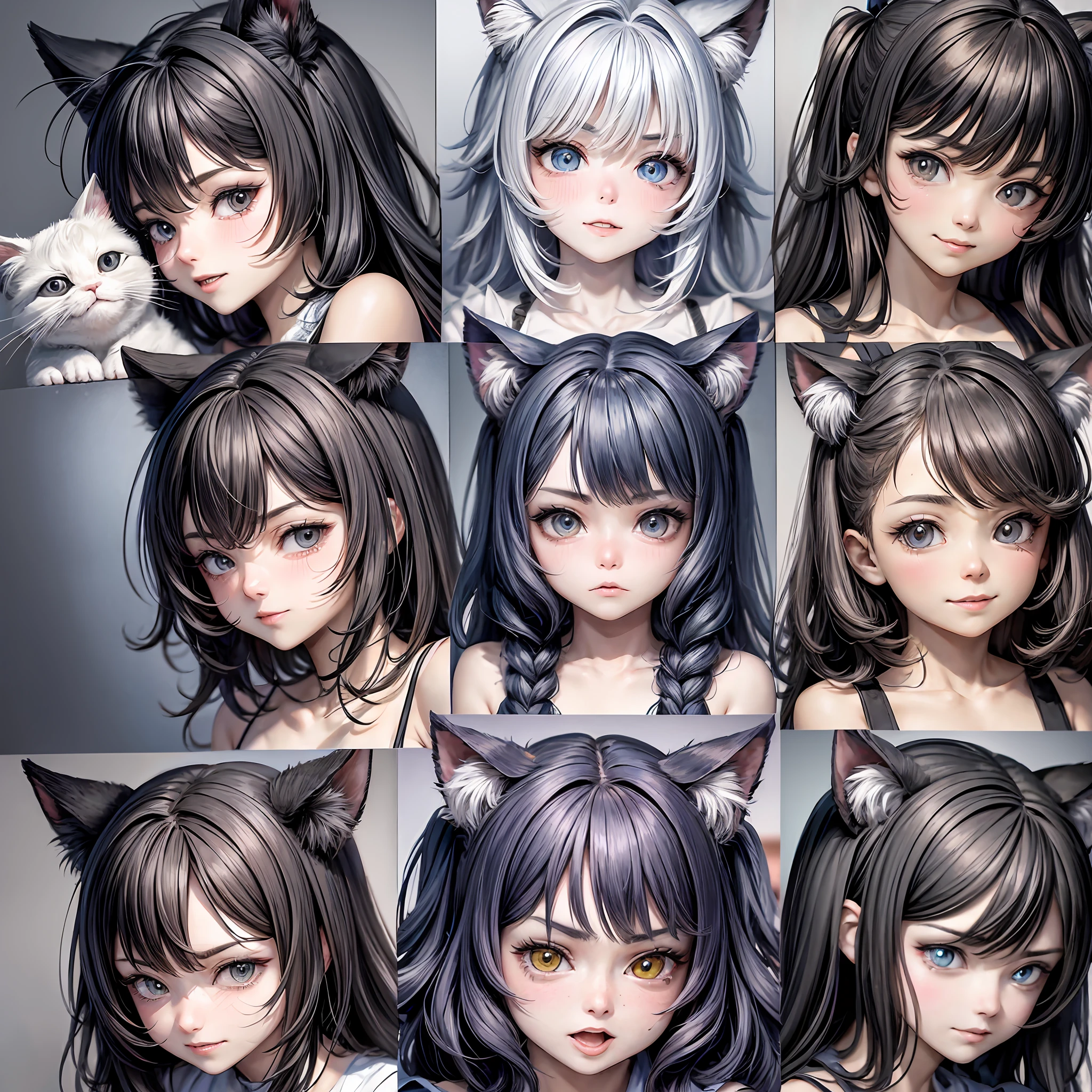 Various expressions of kitten furball, multiple poses and expressions, happy, angry, sad, crying, cute, expressing love, etc., emoji, f/64 groups, related characters, bold silhouette --AR 4:3 --niji 5 --cute style --s 400 --v 5, cute kitten, 2D character, white background, rich expressions, joy and sorrow, go to the background, the size is the same,