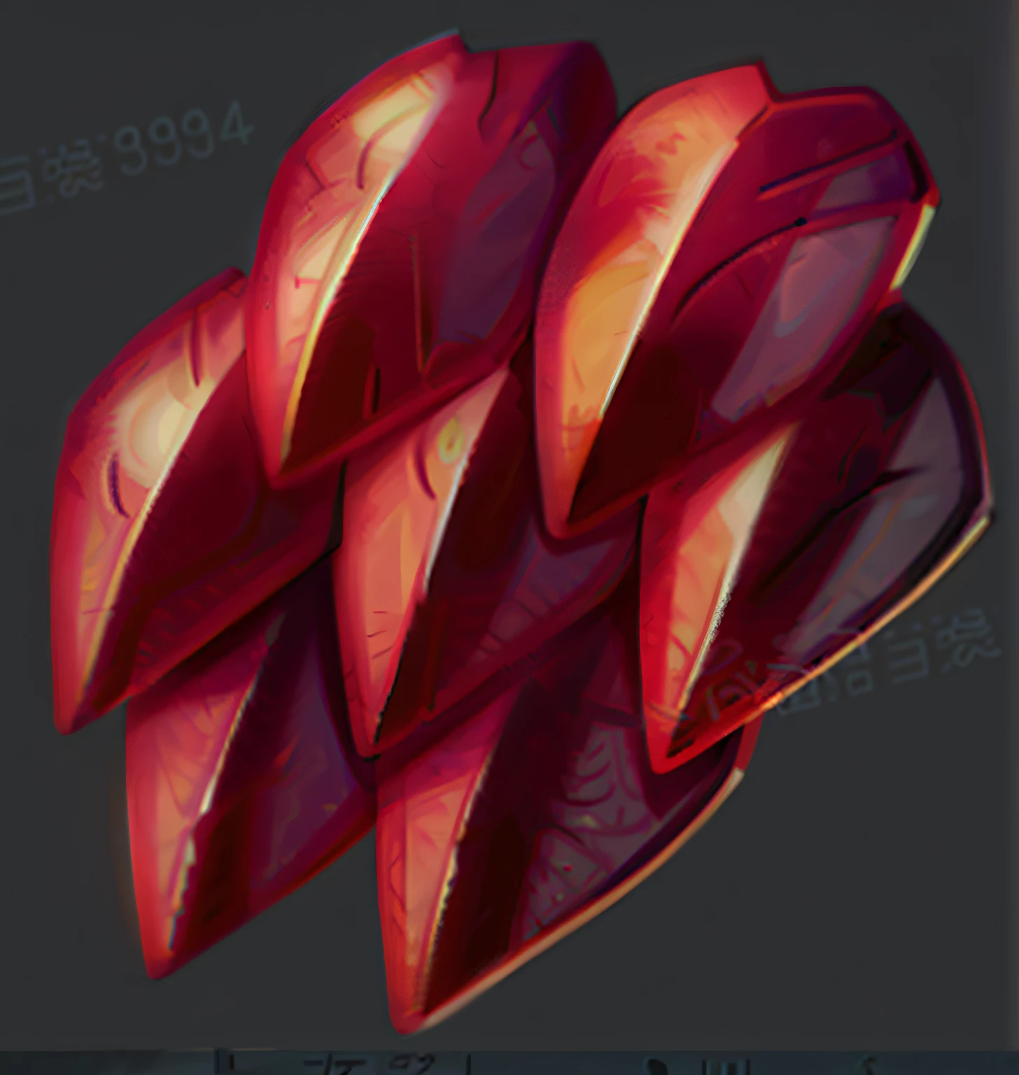 there are four red leaves on a plate on a table, stylized material bssrdf, red scales, spike shell, dragon maw, smooth carapace, polycount, stylized shading, dragon scales, skin spikes, dragon skin, 3dcoat h 648, stylized painting, dragon claws