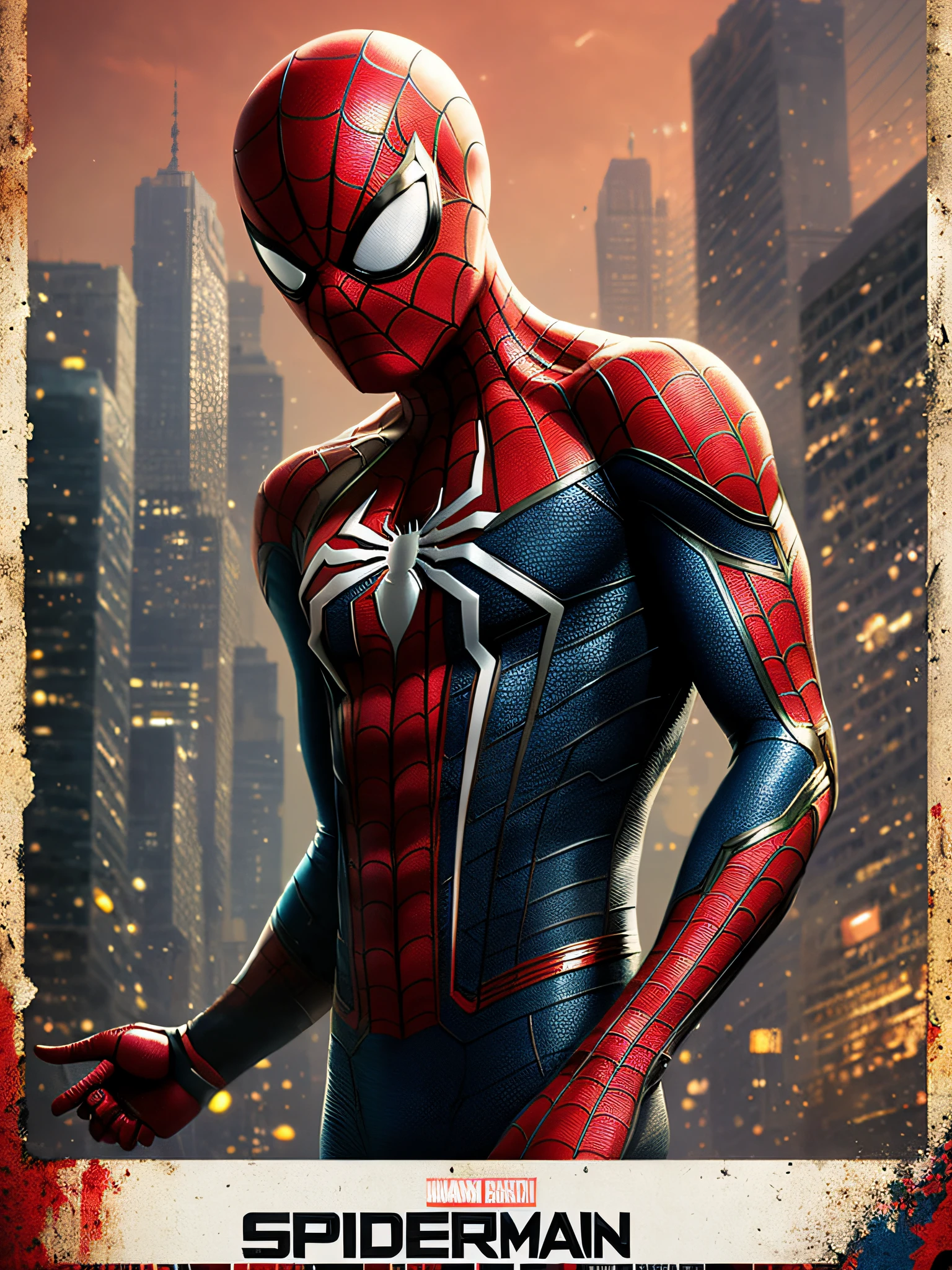 Spider-Man, VHS Effect, (Poster: 1.6), Poster on the Wall, Nostalgia, Movie Poster, Portrait (Skin Texture), Intricate Detail, Fine Detail, Hyperdetail, Ray Tracing, Subsurface Scattering, Diffuse Soft Light, Shallow Depth of Field, Oliver Wetter Design, Intricate, High Detail, Sharp Focus, Dramatic, Realistic Painting Art (Greg Rutkowski: 1.4), Background Bokeh