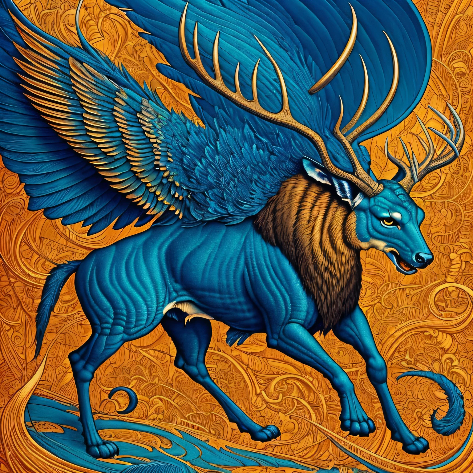 There is a large blue deer that is flying over a lion, on an orange background, Aaron Horkey style, Aaron Horkey style, highly detailed vector art, flying mythical beasts, highly detailed illustration, highly detailed illustration.", intricate detailed illustration, detailed intricate illustration, hyperbeast design, with wings. ultra-detailed, highly detailed and colorful, detailed digital illustration, highly detailed creature,Victo Ngai and Tristan Eaton,
James Jean,
Dan Mumford,
highly detailed vector art,
CMYK Palette,
Vector Behance HD Jesper EJSING, absolute black leftovers like manga, flat
Aaron Horkey