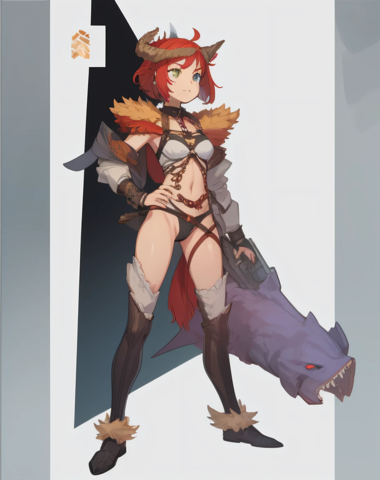 in the style of Horizon Zero Dawn, Red-haired girl, fiery, green eyes, pigtails, a wreath of fiery horns on her head, a barbarian, a huge techno cannon in her hands, a huntress, bones on her body, plates of insects, chitin, fur, small bones, light bones and red fur on her shoulders, dark leather stockings made of strips of cut skin on her legs, ropes and light bones on her body, thin panties, A small bra made of bones, bright red hair, ornaments made of horns, a fur gun. Instead of panties, rope, bones and chitin, fur shoulder pads and with chitin, a tail of hair on the back of the head, a short haircut, a bionic cannon in the form of the mouth of a wolf, shark, dragon look up. The girl has green eyes, a playful look, a good-natured smile, a neat nose, tight panties, tight thongs, mini-underwear, leaky underwear, torn fabrics, a lot of torn fabrics, a lot of holes in fabrics, a cannon with a monster's head, a cannon barrel in the form of a monster, a flame bursts out of her mouth, a portal in a cannon. The girl has short hair, a ponytail at the back is short and looks up, fur shoulder pads, a jacket on her shoulders, a torn bra, her pubis is open, diagonal straps all over her body, powerful energy escapes from the open toothy mouth of a cannon, a bird's skull on the girl's belly, tattoos, vertebrae along the edges of stockings, cyberpunk, ethnic style of clothing, vintage clothes, worn, prehistoric style, prehistoric jacket, elbow pads made of insects, chitinous cannon, bionic cannon, torn jacket sleeves, chitinous plates on the jacket, flame flashes, cyberpunk, all cyberpunk style, a lot of technology, technologies of the future, futurism, science fiction, fantasy, wildness, sexuality, emphasized eroticism, cold lighting, flames from everywhere, a lot of fire, bones on the shoulders, small details on the shoulders, a skull on the belt, the girl has curly hair, tattoos on her face, maximum nudity, diagonals, caveman, prehistoric image, forest dweller, inhabitant