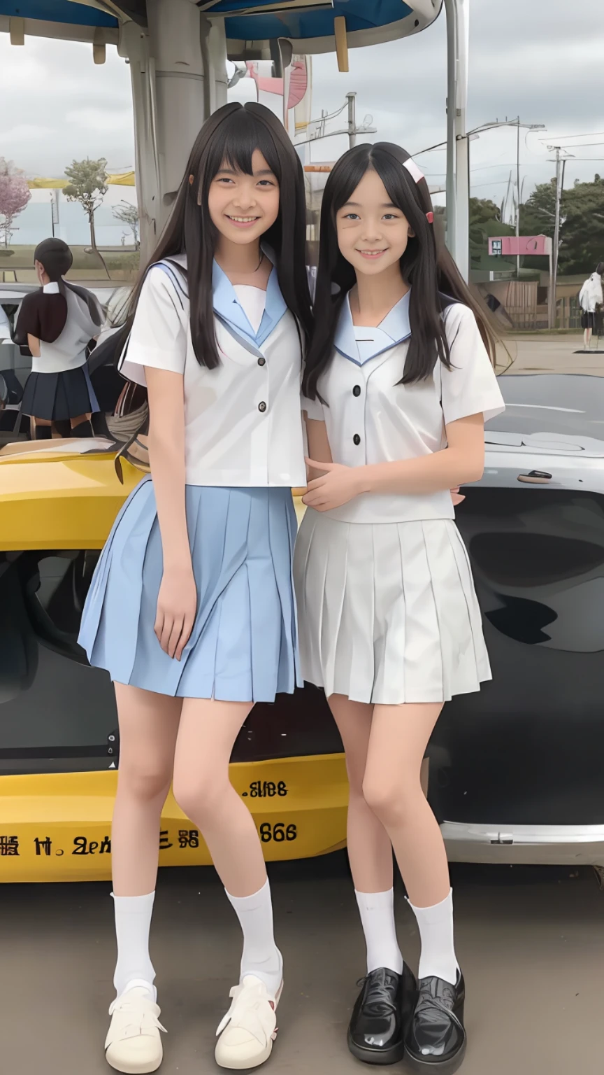 two young girls in school uniforms standing next to a car, wearing japanese school uniform, japanese girl school uniform, japanese school uniform, two japanese schoolgirls posing, wearing school uniform, magical school student uniform, jk uniform, loose coat collar sailor uniform, wearing a school uniform, seifuku, magic school uniform, sailor uniform, school uniform, 8k))