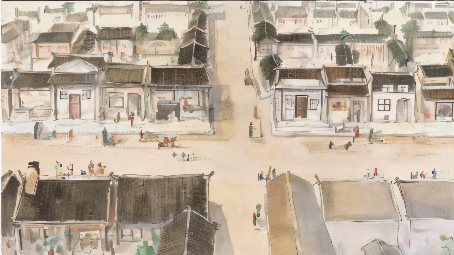 Chinese traditional ancient town streets, realistic style depicting town landscape and architecture, panoramic display of Ni Yuanlu and Wang Jing marching in the ancient city streets, Japanese architecture and cultural details are richly presented, Ni Zan shows the broad vision and emotional impact of the city, the grayscale and clarity of the street, combined with the style of Tomioka Taisi to express the details of natural ecology, the store signboard retains "tea", "salt" and "Li Yongchun", and the logo of the dentist's office retains the image of the teeth.