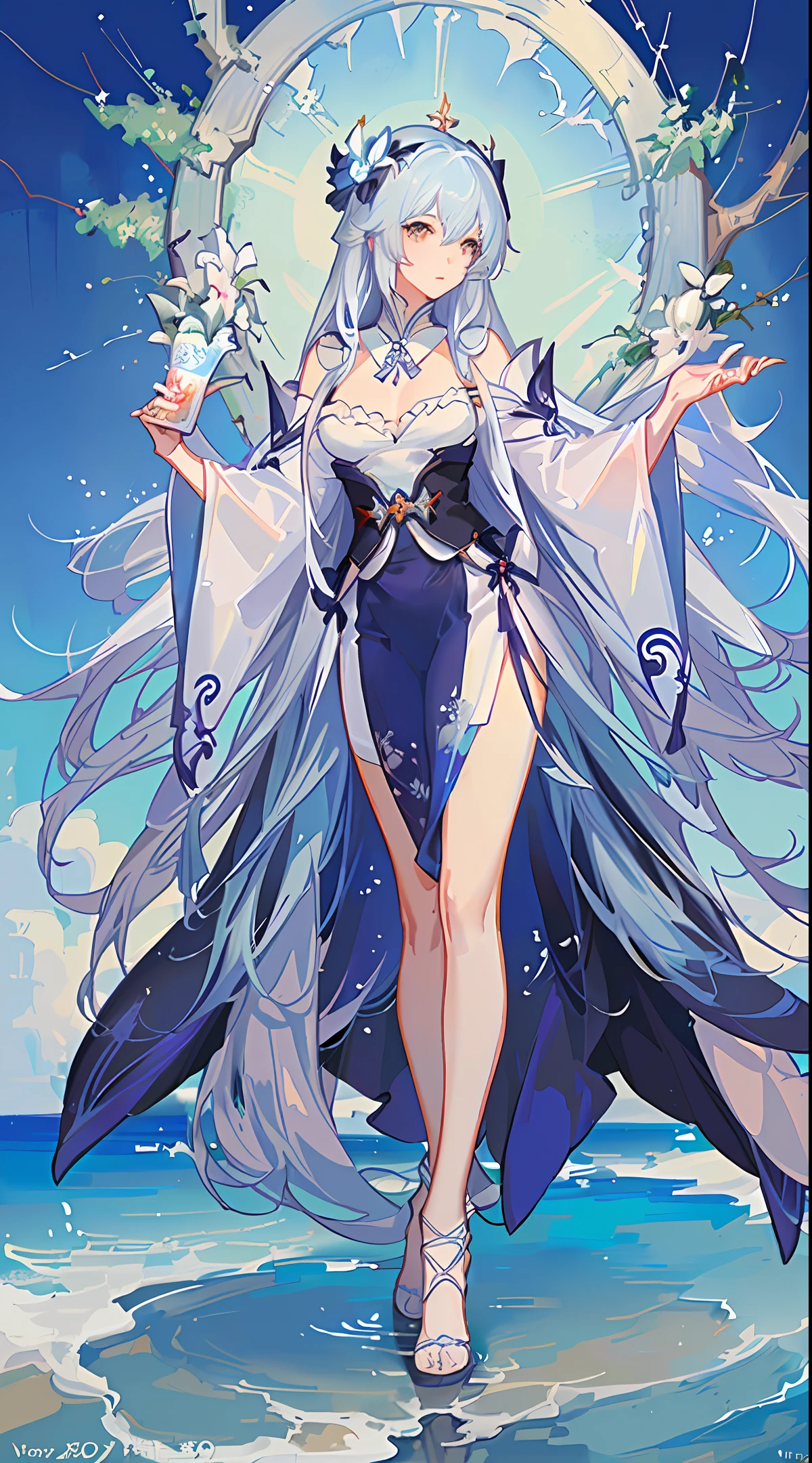 anime character with long hair and a white dress walking on a beach, a character portrait by Yang J, pixiv, fantasy art, beautiful character painting, flowing hair and long robes, alphonse mucha and rossdraws, anime full body illustration, guweiz on pixiv artstation, full body xianxia, trending on artstation pixiv
