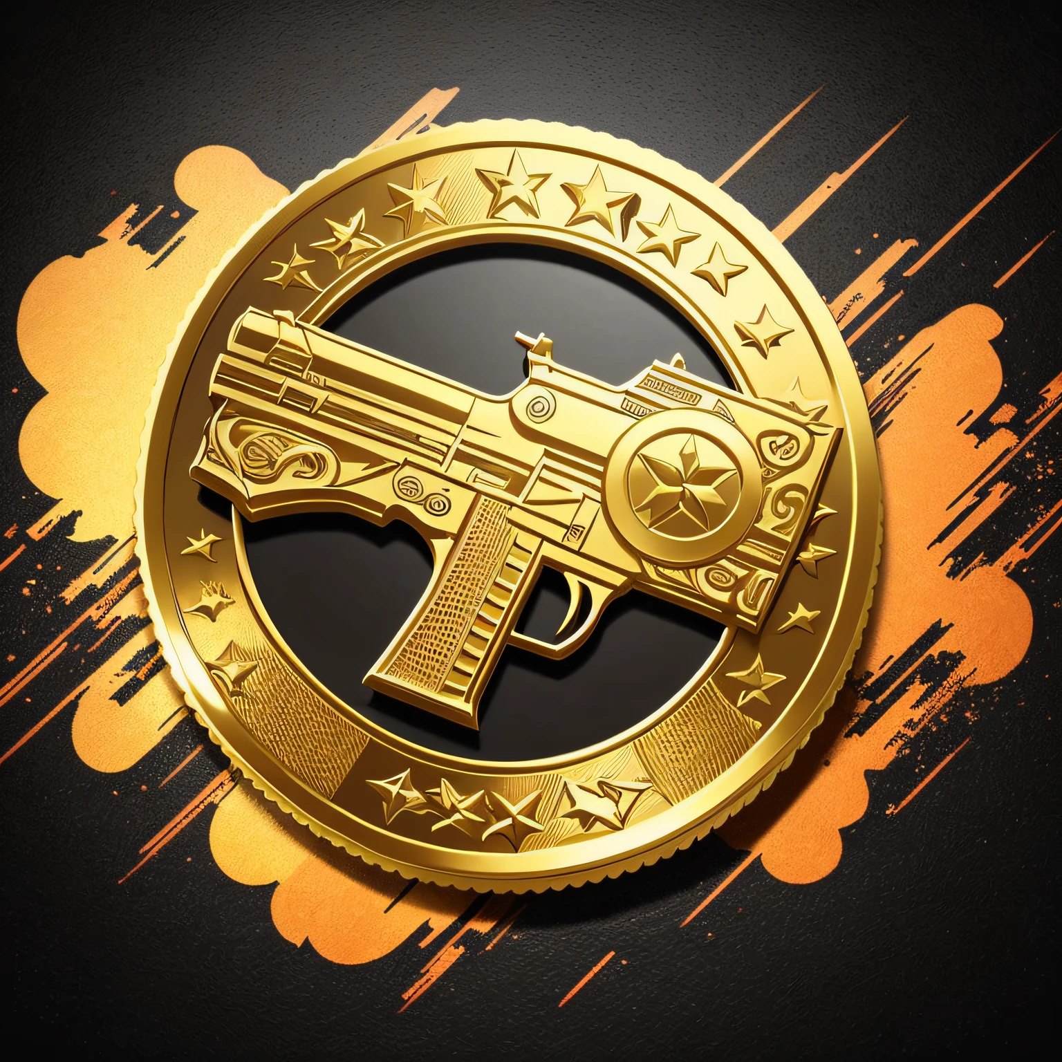 Round gold badge with silhouette of two guns and EXP with lettering, game icon, extremely detailed, character icon, explosive entrance, extreme quality masterpiece, extraordinary masterpiece, highly detailed epic, logo, high detail --auto --s2