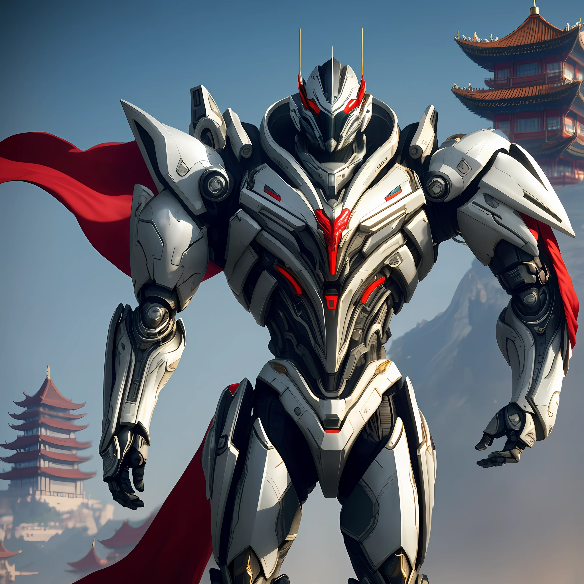 Robot Warframe, Human Proportions, Platinum Body, Gorgeous Fabrics, Huge Palace in the Background, Ultra-Wide Angle View, Photography Lens, Full Body Composition, Chinese Palace in the Background, Mecha Chinese Dragon Pattern Details, Ceramic Armor, Red Cloak, Render Full Body, Warframe Small Background Large, Gorgeous Sense, Extreme Detail, Unreal Engine, Octane Rendering, 8K Resolution, Movie Banner Ratio, Depth Detail, CG Art, Realistic