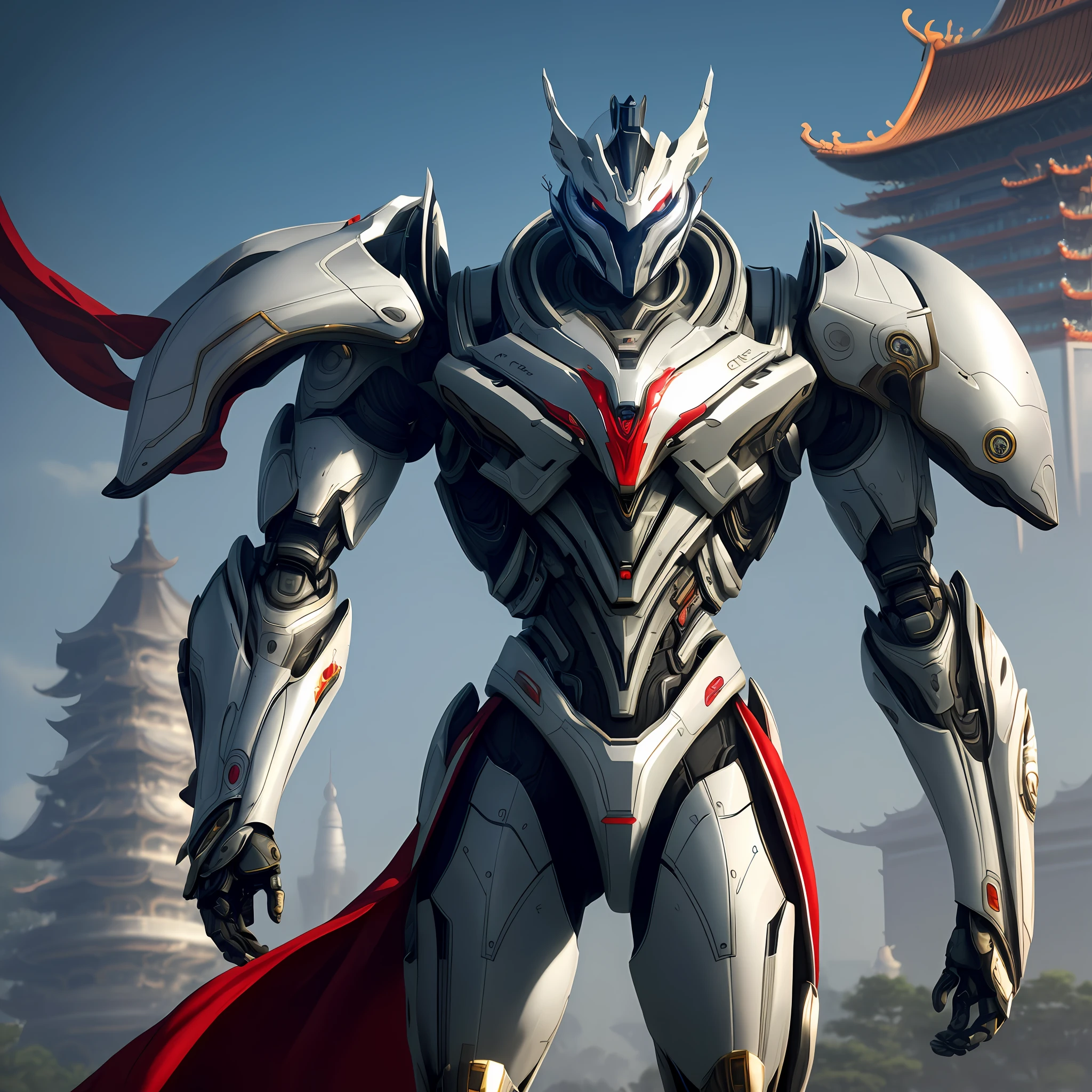 Robot Warframe, Human Proportions, Platinum Body, Gorgeous Fabrics, Huge Palace in the Background, Ultra-Wide Angle View, Photography Lens, Full Body Composition, Chinese Palace in the Background, Mecha Chinese Dragon Pattern Details, Ceramic Armor, Red Cloak, Render Full Body, Warframe Small Background Large, Gorgeous Sense, Extreme Detail, Unreal Engine, Octane Rendering, 8K Resolution, Movie Banner Ratio, Depth Detail, CG Art, Realistic