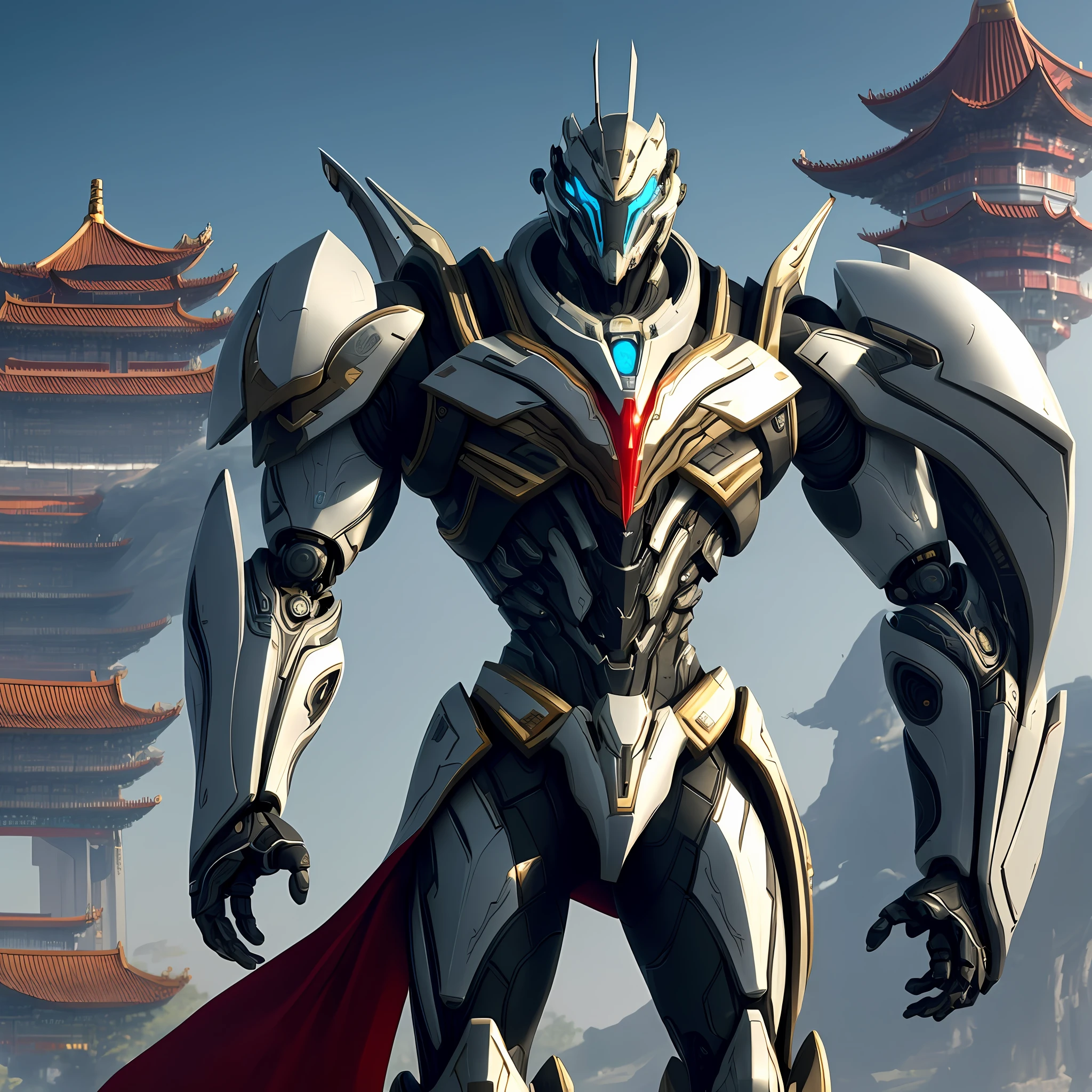 Robot Warframe, Human Proportions, Platinum Body, Gorgeous Fabrics, Huge Palace in the Background, Ultra-Wide Angle View, Photography Lens, Full Body Composition, Chinese Palace in the Background, Mecha Chinese Dragon Pattern Details, Ceramic Armor, Red Cloak, Render Full Body, Warframe Small Background Large, Gorgeous Sense, Extreme Detail, Unreal Engine, Octane Rendering, 8K Resolution, Movie Banner Ratio, Depth Detail, CG Art, Realistic