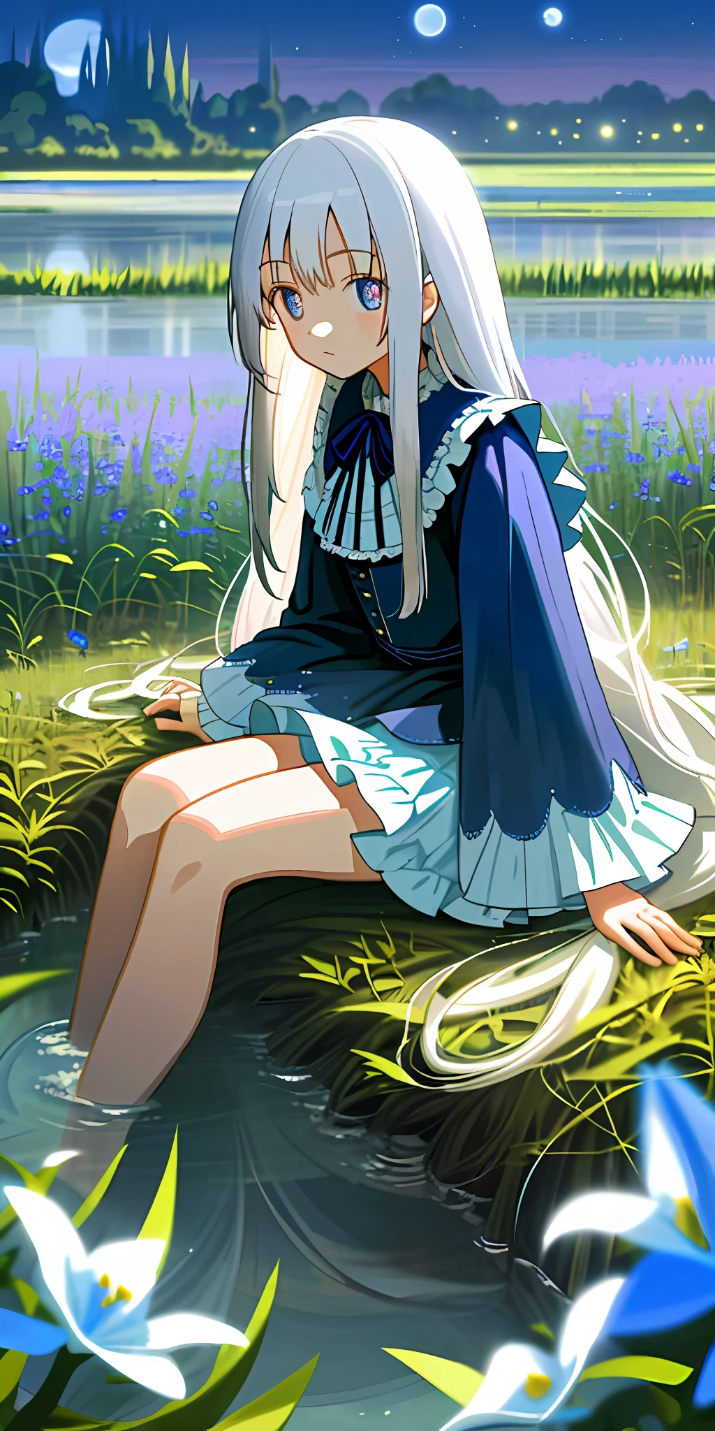 (masterpiece, top quality), one girl with long white hair sitting in a field of blue plants and flowers, warm moonlight, blurry foreground, , river bank, odd eyes, ruffles, bikini, underwear