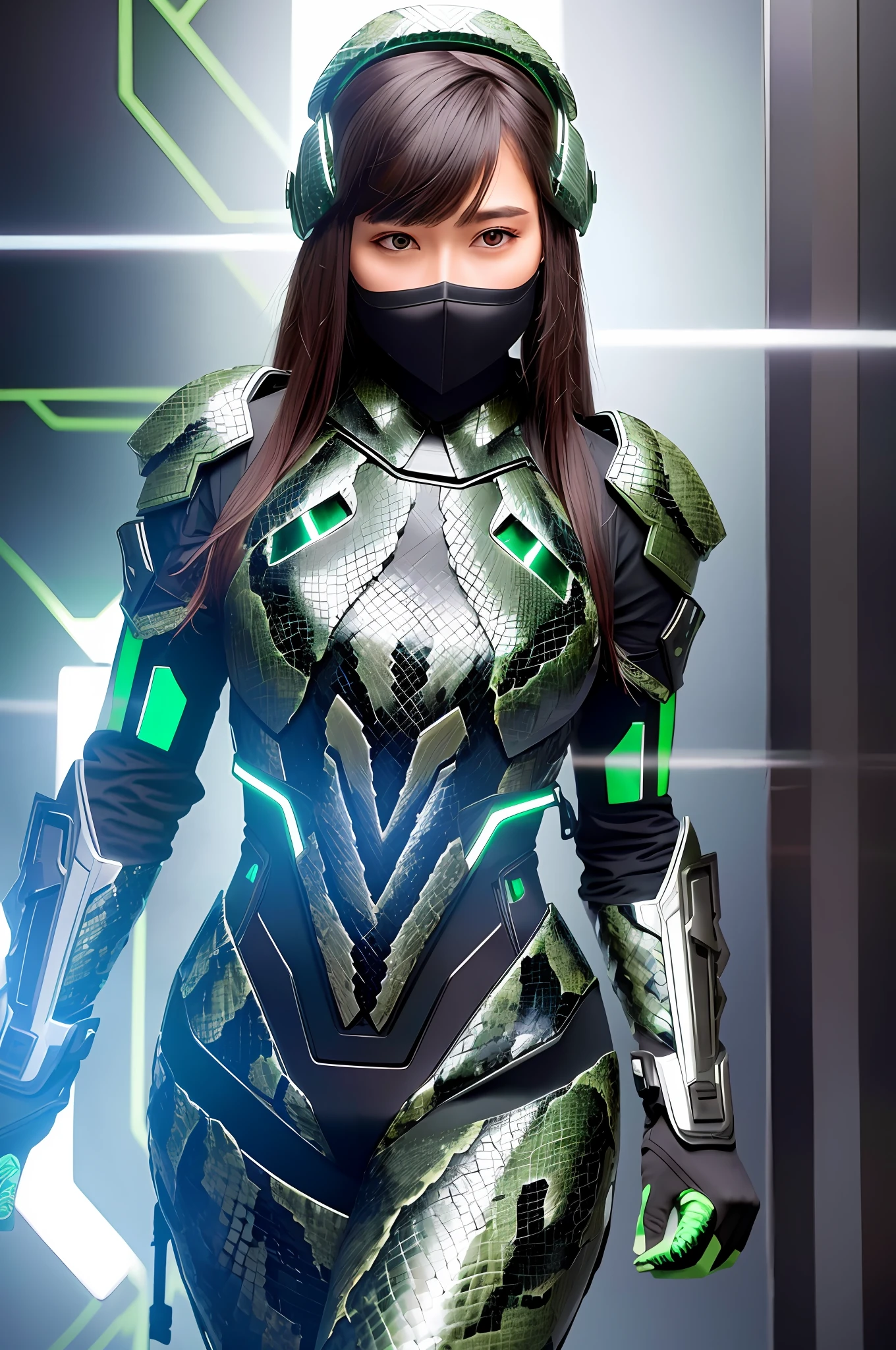 Best quality, high detail, perfect hands (five fingers), bionic armor (green, snake scale pattern), futuristic helmet, visor, masterpiece