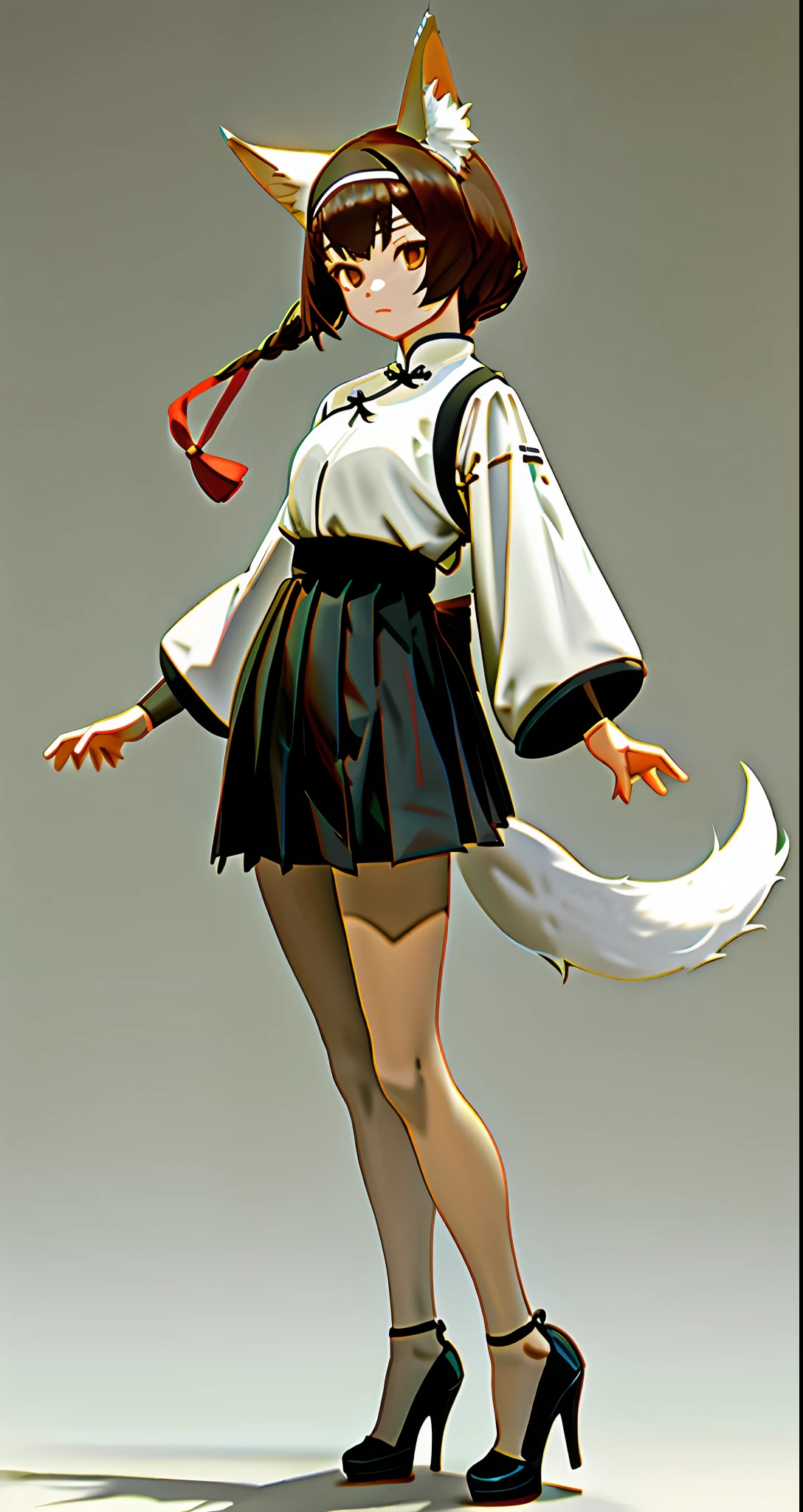 Character design, quadratic, gray fox ears, white fox tail, black pleated skirt, dark V top, Chinese style = 0.6, tight, plump, standing, front = 1.5, white background, long brown hair, high heels, cross bangs, headband, white hazy shawl jacket, three-dimensional, light tone style of characters = 1.9, slim, empty-handed,