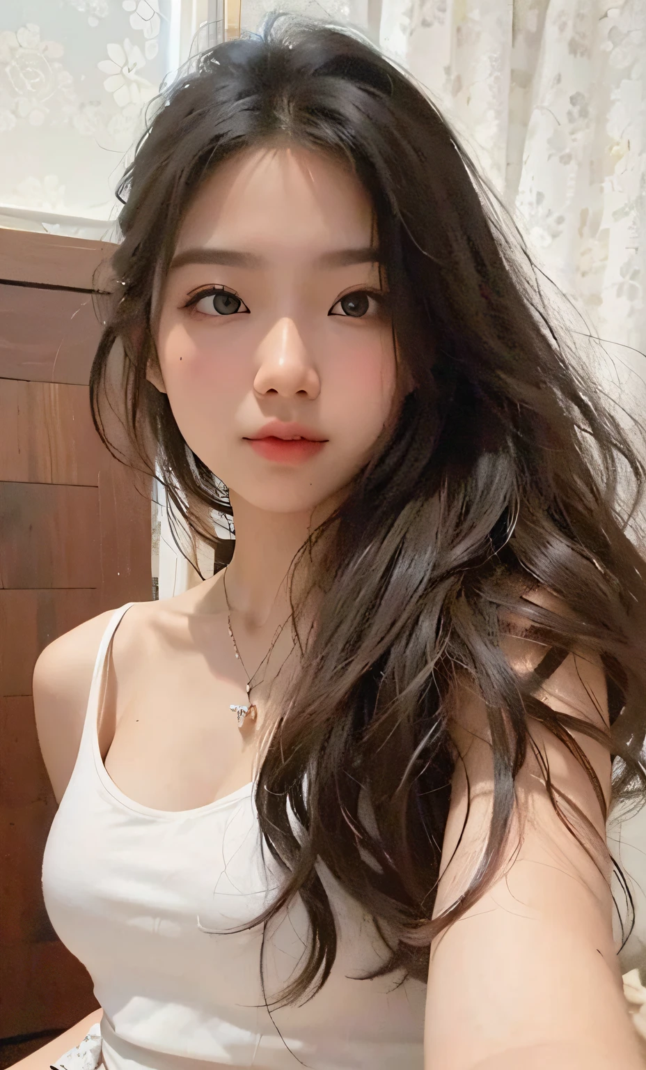 a close up of a woman with long hair wearing a white tank top, 1 8 yo, mai anh tran, 19-year-old girl, profile pic, dang my linh, profile photo, 18 years old, 2 , 2 3 years old old, 21 years ars old, 8k, Cleavage, big tioobs fore