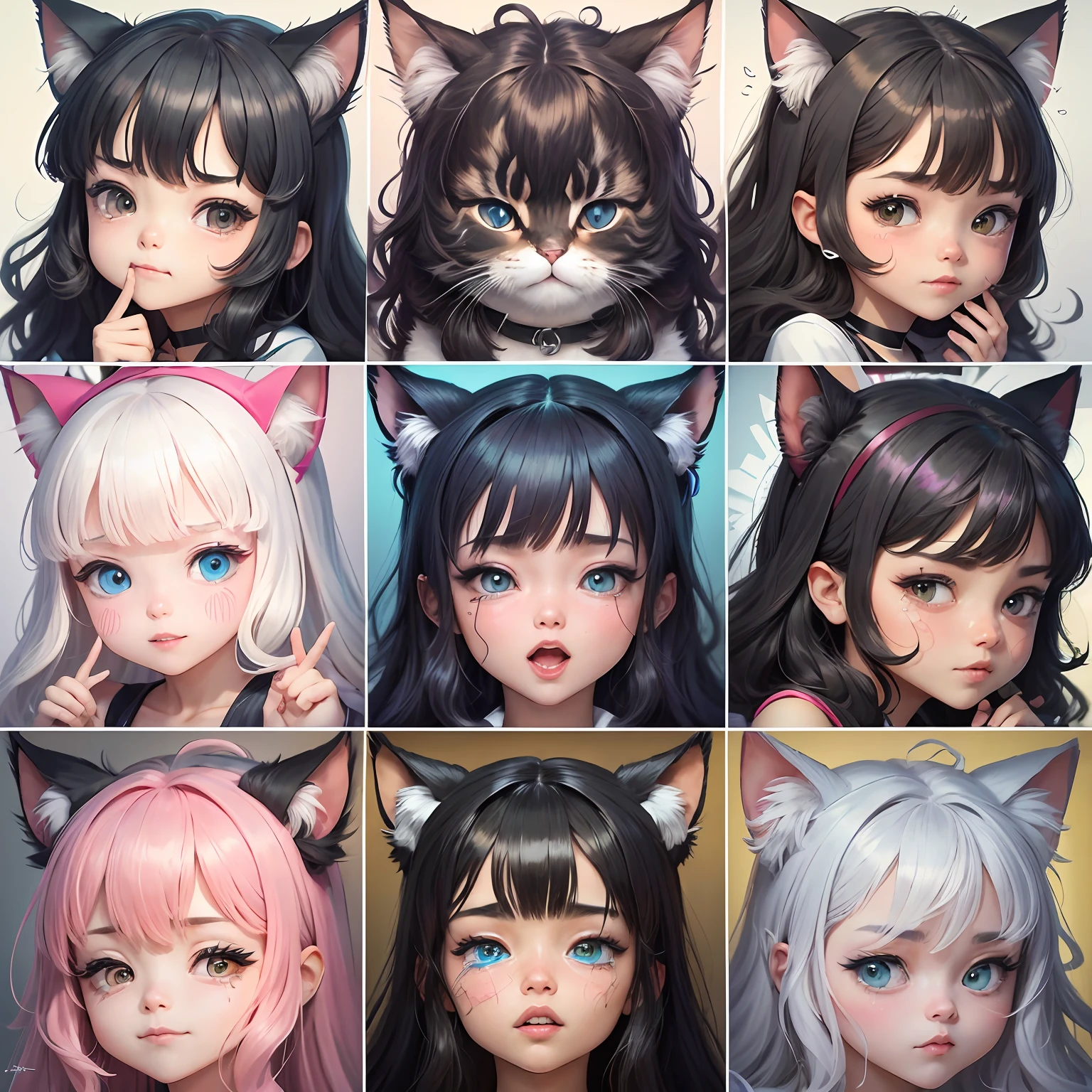 Various expressions of kitten furball, multiple poses and expressions, happy, angry, sad, crying, cute, expressing love, etc., emoji, f/64 groups, related characters, bold silhouette --AR 4:3 --niji 5 --cute style --s 400 --v 5, cute kitten, 2D character, white background, rich expressions, joy and sorrow, go to the background, the size is the same, --auto --s2