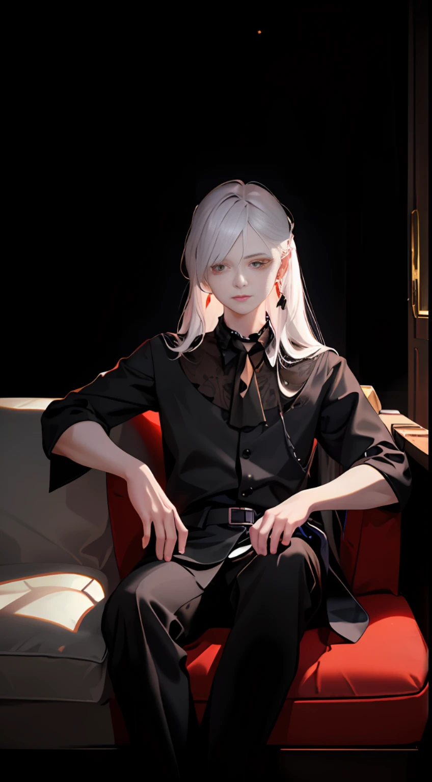 (photorealistics: 1.4), (masterpiece, side lighting, beautiful eyes with exquisite details: 1.2), masterpiece* portrait, realistic, 3D face, with mask, glowing eyes, boy, long hair tied together on the back of the head, sharp hairstyle, messy hair, red eyes, novelty, white shirt with black tie, smooth skin, single, wine in glass, blood splatter, black light characters spinning around, depth of field, black light particles, (broken glass), sitting on the sofa