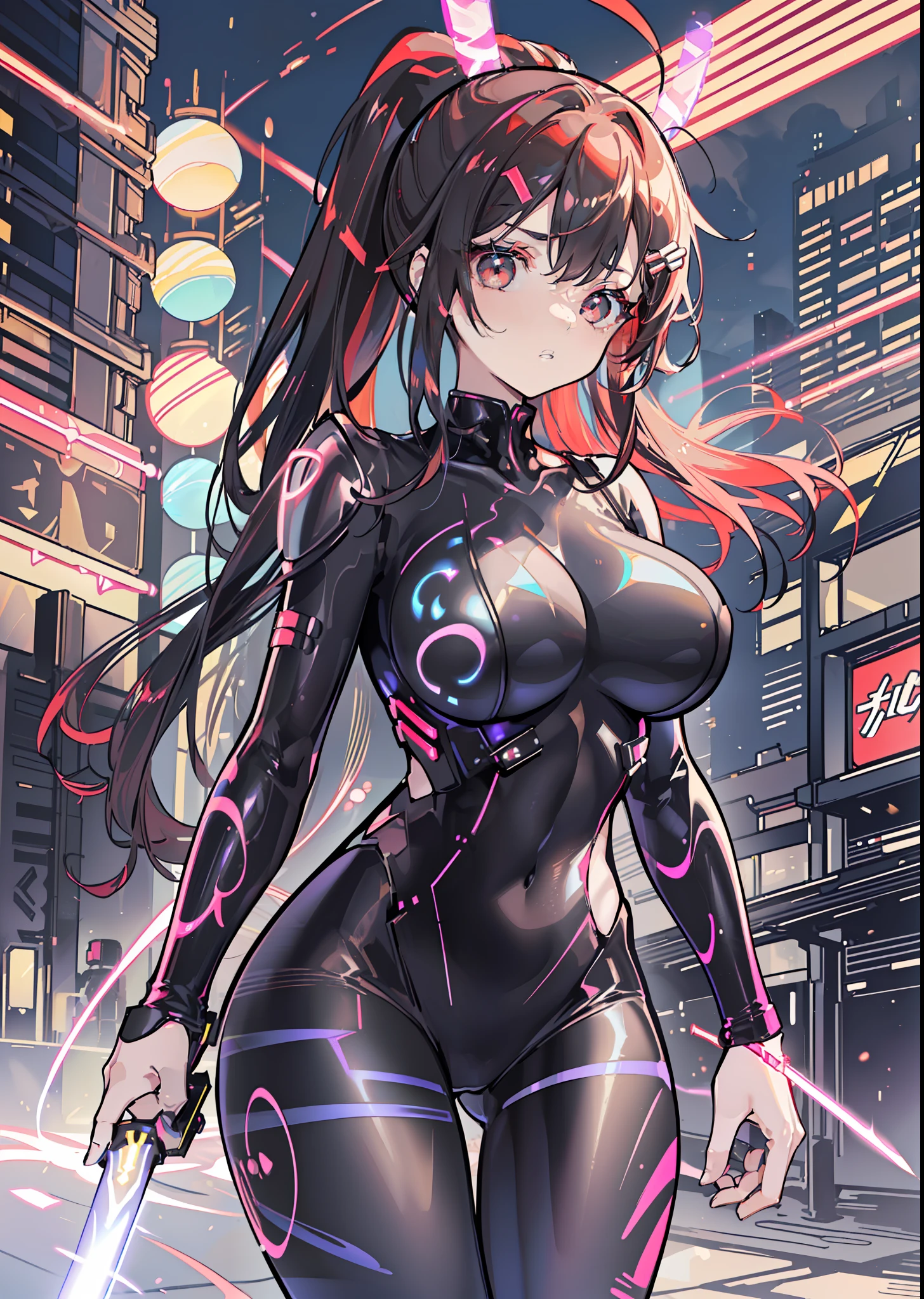 (best image quality, best girl), (one girl), ((girl in a ponytail wearing a red ribbon shaped hair ornament)), red ribbon shaped hair ornament, (hair color dark brown), matching bangs, ahoge, vermilion around the eyes, (((black eyes)), ((drooping eyes)), parted lips, expressionless, confident, satisfaction, intimacy, (((big breasts)), whole body, holding a sword, sword of light, lightsaber, Body-fitting bodysuits, suits shimmer with swirling patterns and holographic displays of neon lights, imitating the vibrant energy flowing through the cyber city. Complementing her ensemble is a sophisticated and high-tech. Floating armor in the air