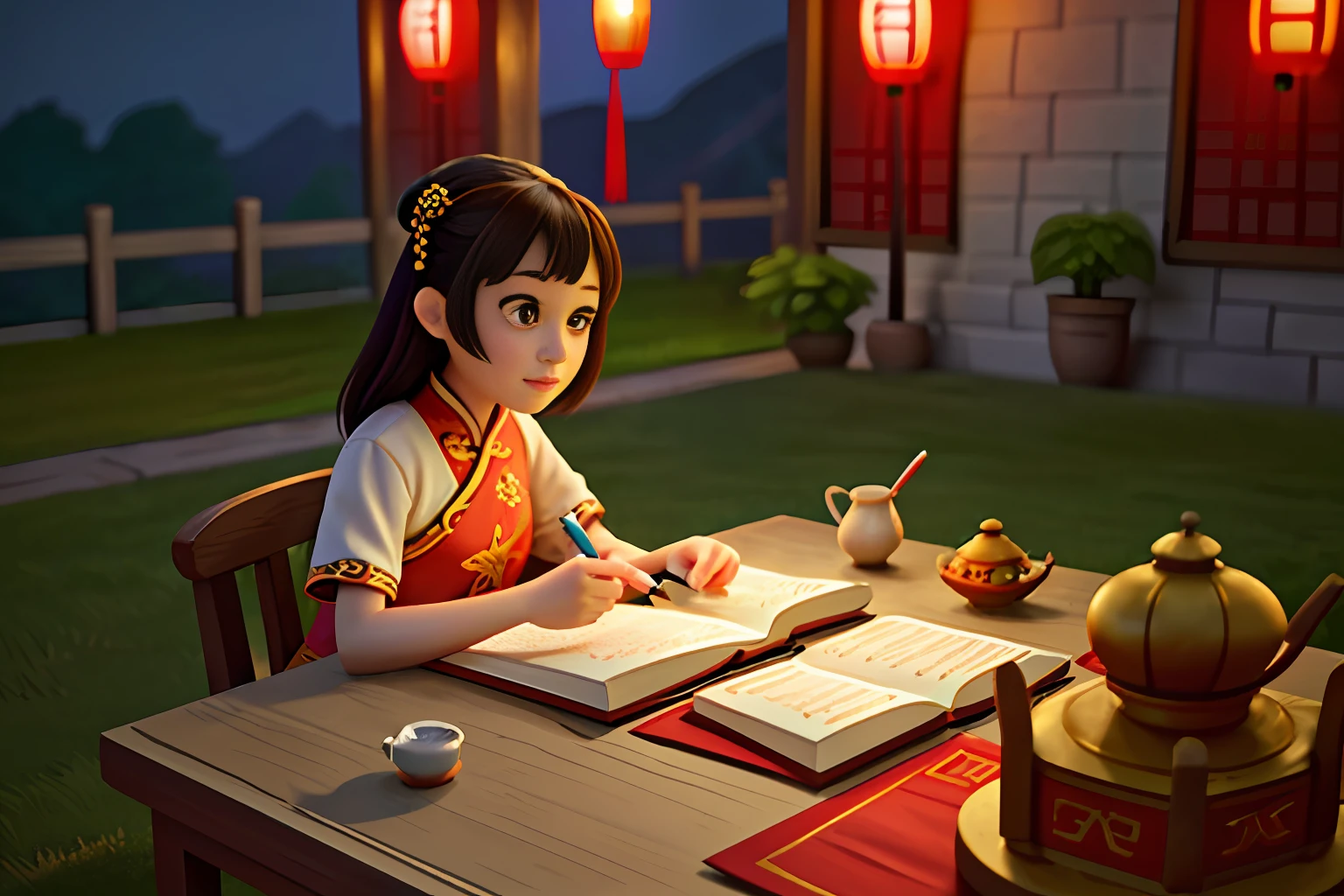 A photo of a beautiful girl in a traditional Chinese dress looking at ancient chinese book under lamp on a low table in garden surrounded by old walls in a peaceful night,((her right hold a pen and her left hand place on table)),((masterpiece)),realistic,4k,extremely detailed,((beautiful eyes))