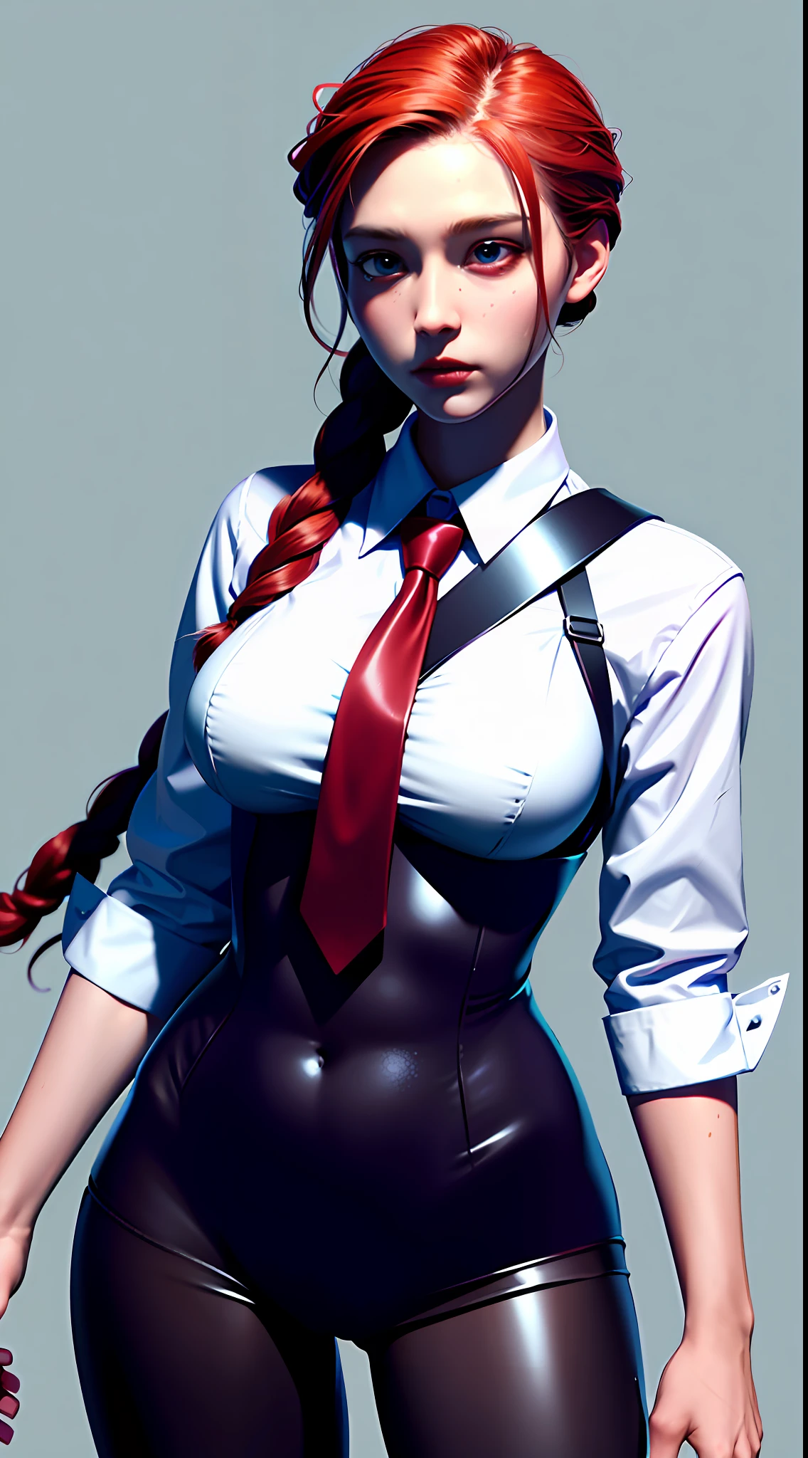 Tie, 1girl, braids, black_necktie, red_hair, blurry, wearing a red special combat suit, half of the body is rotten, half of the face is rotten, big breasts, thin waist, plump buttocks, showing one thigh and one arm, showing shoulders, looking_at_viewer, depth_of_field, solo, collared_shirt, white_shirt, makima_\ (chainsaw_man\)