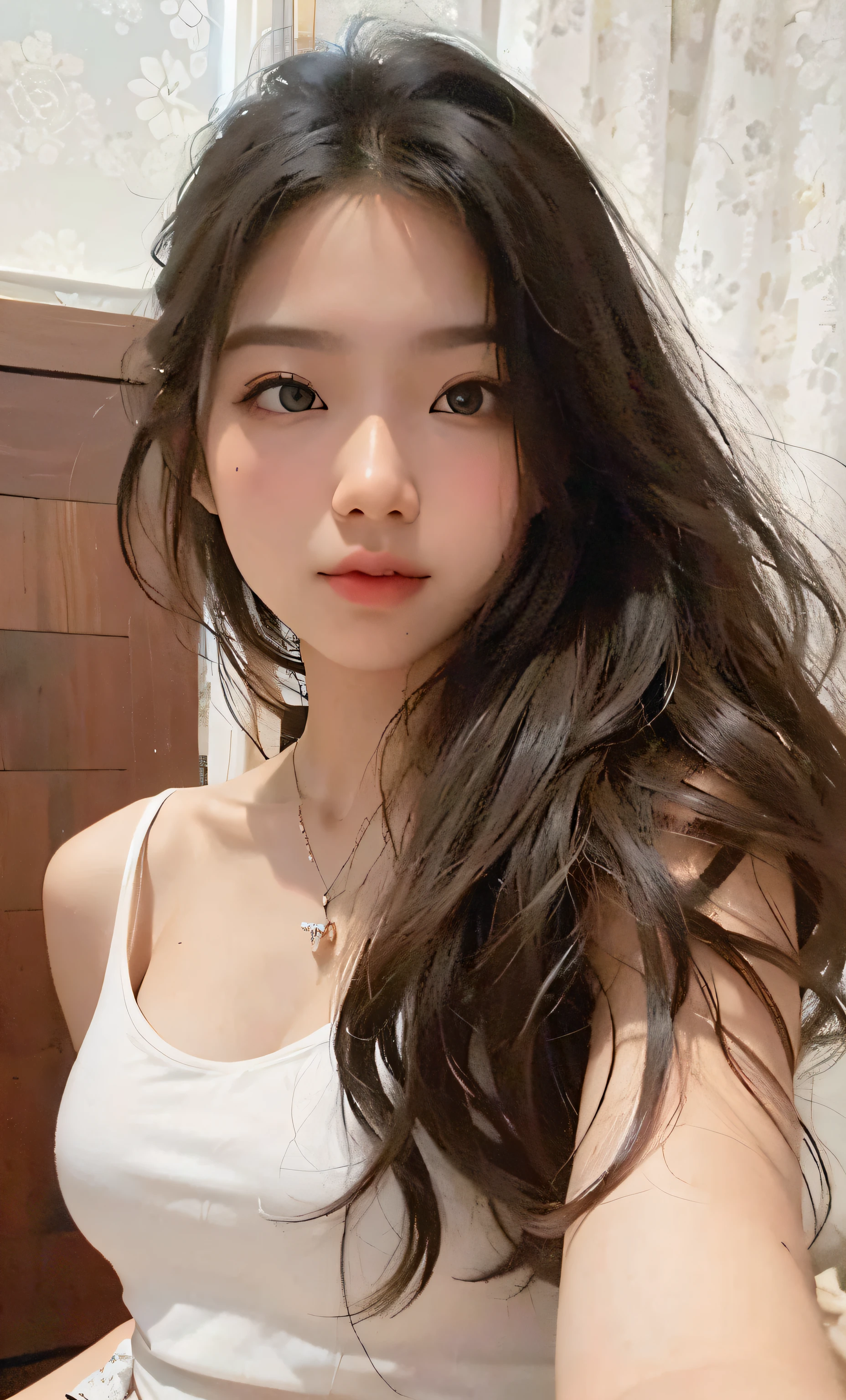 a close up of a woman with long hair wearing a white tank top, 1 8 yo, mai anh tran, 19-year-old girl, profile pic, dang my linh, profile photo, 18 years old, 2 , 2 3 years old old, 21 years ars old, 8k, Cleavage, big tioobs fore