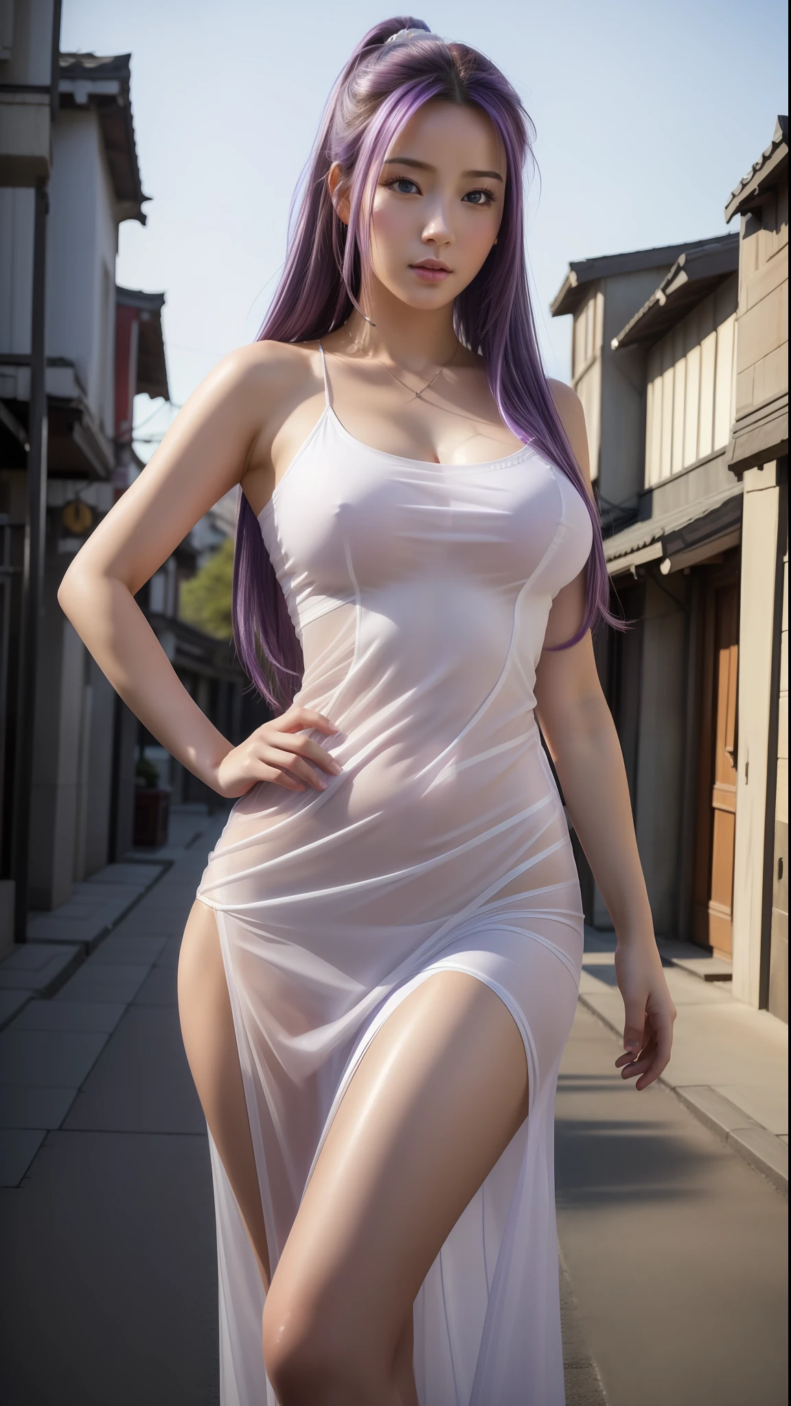 (masterpiece:1.4), (8k, photorealistic, RAW photo, best quality: 1.4), japanese, (1girl), beautiful face, (realistic face:1.4), (purple hair, long hair:1.3), beautiful hairstyle, realistic blue eyes, beautiful detailed eyes, (realistic skin:1.3), beautiful skin, attractive, ultra high res, ultra realistic, highly detailed, golden ratio, (detailed face:1.4), looking at viewer, (realistic medium breasts:1.4), (underboobs:1.3), standing, hand on hip, transparent white dress, see through white dress, (braless:1.4), nipples_out, nsfw, futuristic ancient china city street, dynamic lighting, ponytail contorted, white chinese traditional dress, hair ornaments, necklace, jewelry,