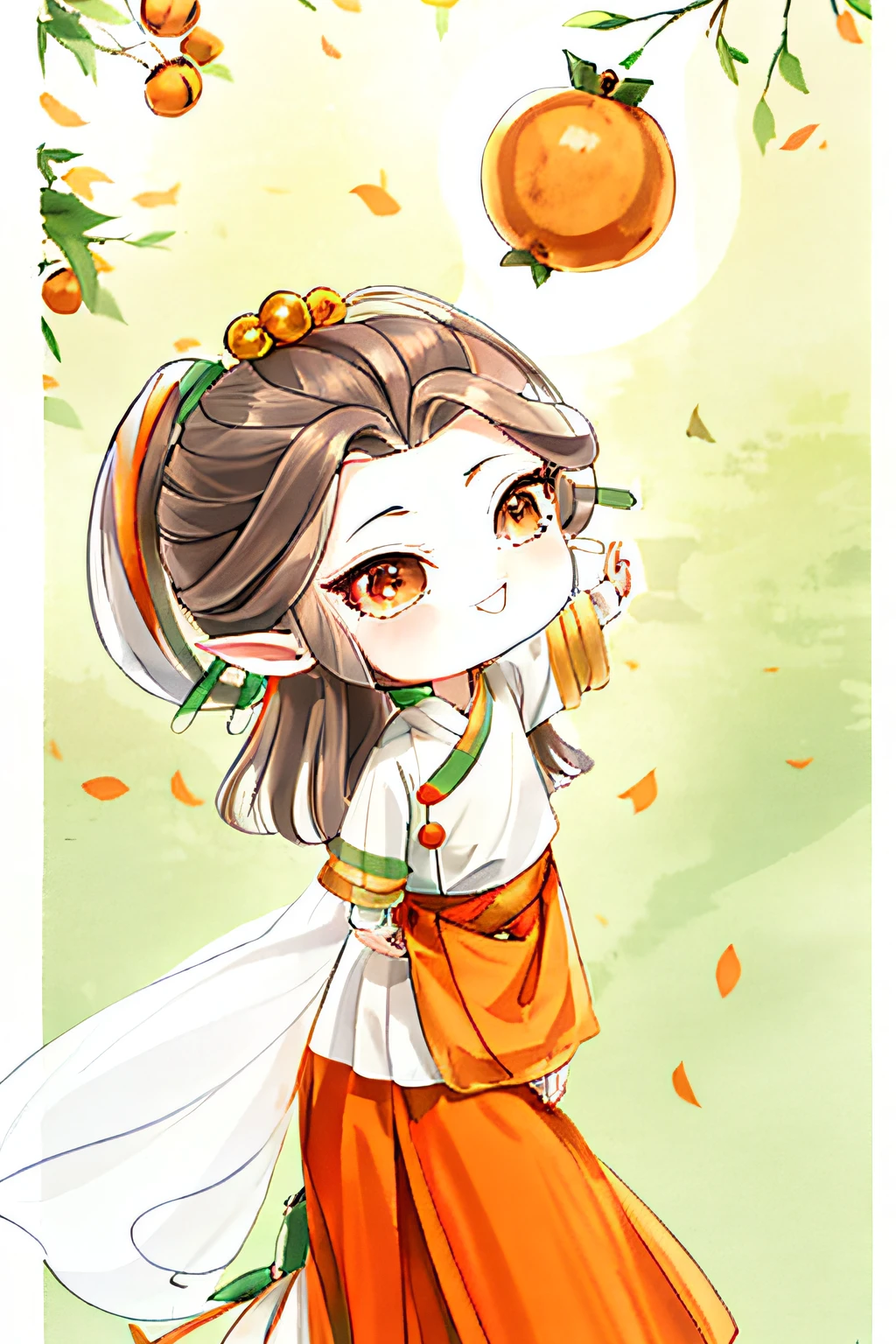 A cute elf looked at the persimmon on the branch, happily raised her hand to pick it, her brown hair, wearing Hanfu, light yellow satin fabric blouse, white fur sleeves and hairballs, orange skirt, emerald green hairpins and headdresses, Q version cute, no background,