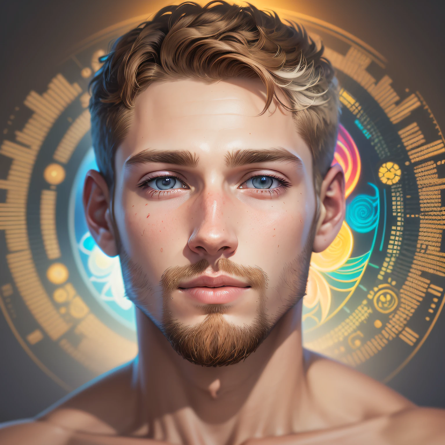 Design a image of a 22 yr old white men with a  light brown short hair, DMT,  beautiful, Sacred, psychedelic ,Aura, becoming spiritual, ultrarealistic photorealistic, 8k, artstation --auto --s2