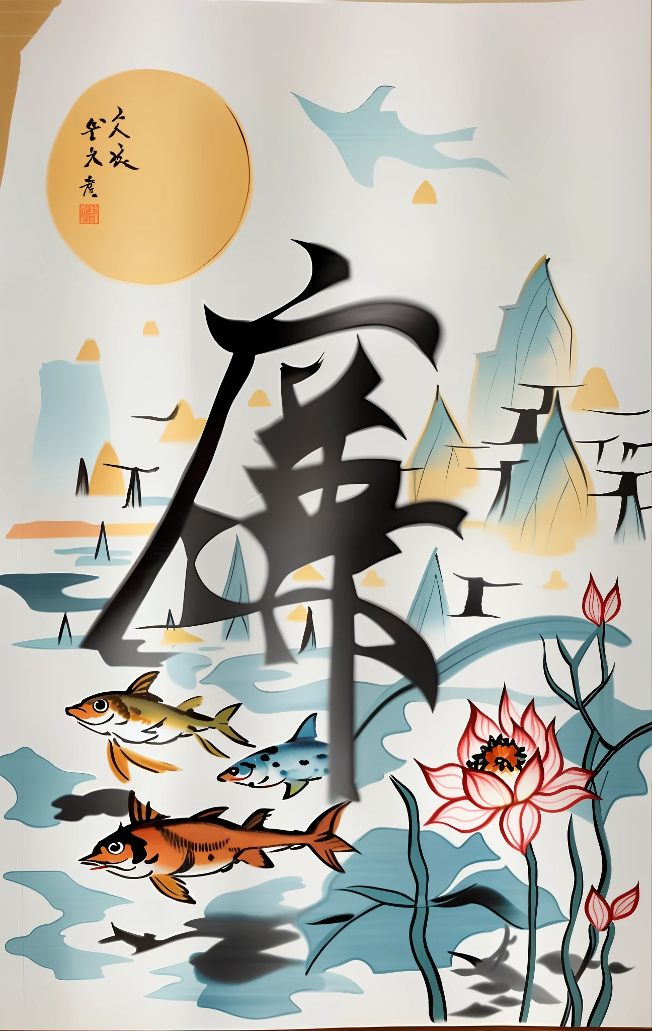 there is a drawing of a bird and a fish in the water, japanese style painting, inspired by Yang Buzhi, chinese style painting, inspired by Wu Wei, inspired by Shūbun Tenshō, inspired by Gai Qi, artwork in the style of z.w. gu, inspired by Qi Baishi, inspired by Xie Sun