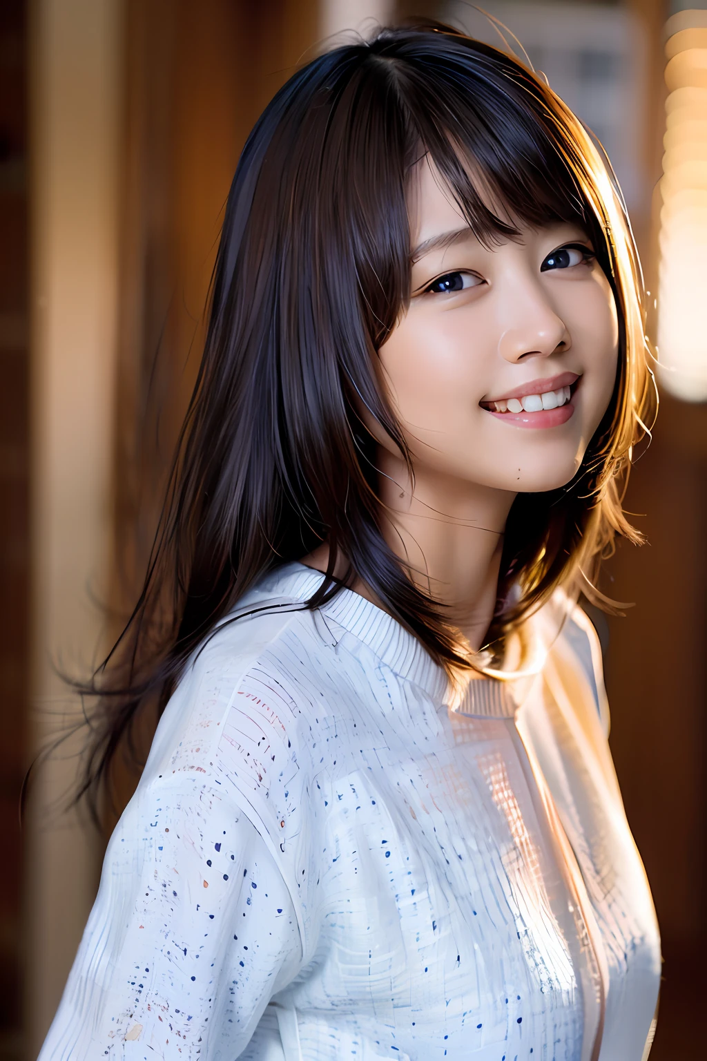 (8k, RAW photo, best quality, masterpiece:1.2), (realistic, photo-realistic:1.37), ultra-detailed, ultra high res,1 girl,looking at viewer,beautiful detailed face,smile,narrow,(slim waist:1.3),shirt, beautiful detailed skin, skin texture, floating hair,professional lighting,