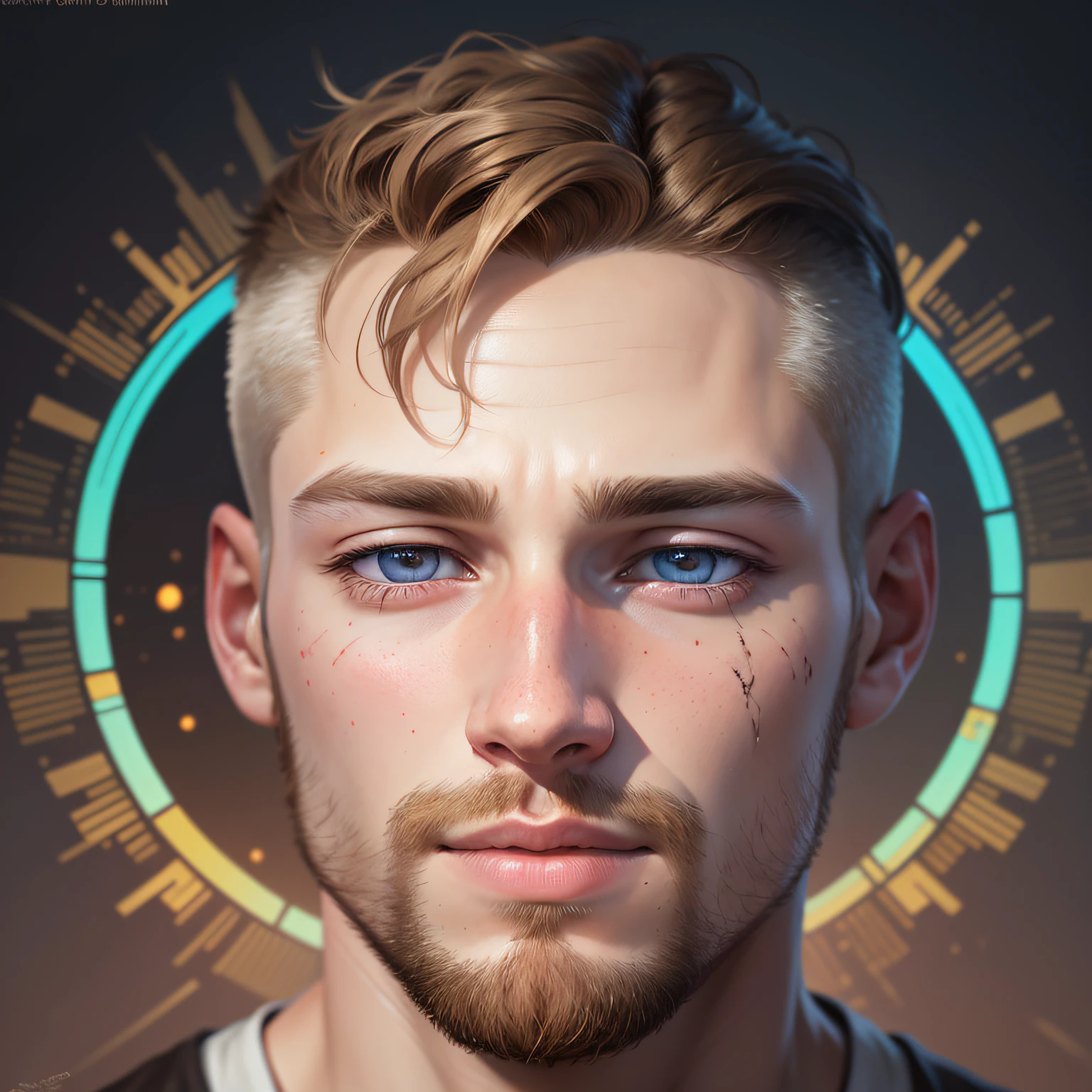 Design a image of a 22 yr old white men with a light brown short hair, DMT, beautiful, Sacred, psychedelic ,Aura, becoming spiritual, ultrarealistic photorealistic, 8k, artstation --auto --s2