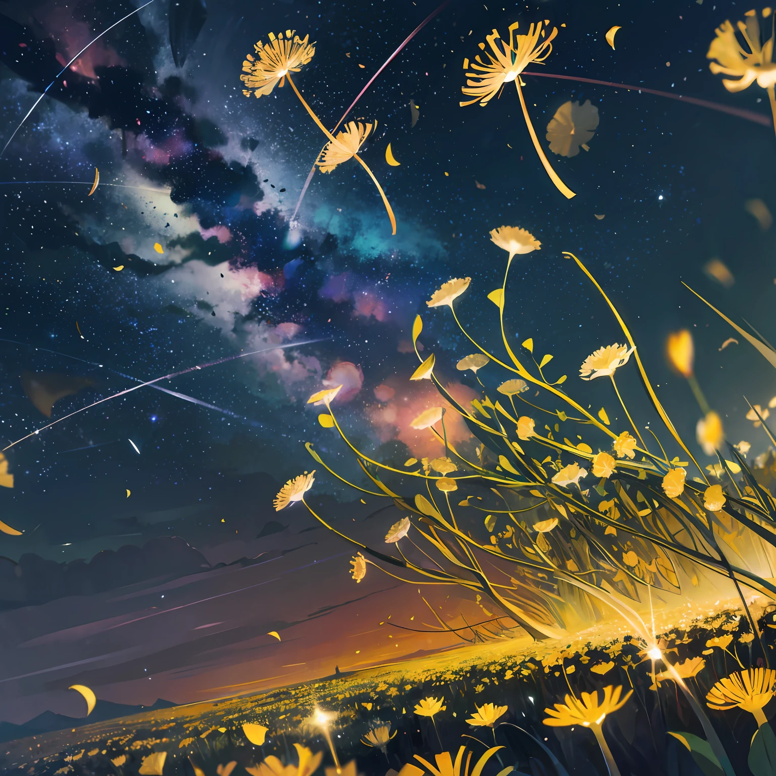 In the pitch dark night, countless dandelions glowing with various colors fall from the sky --auto --s2