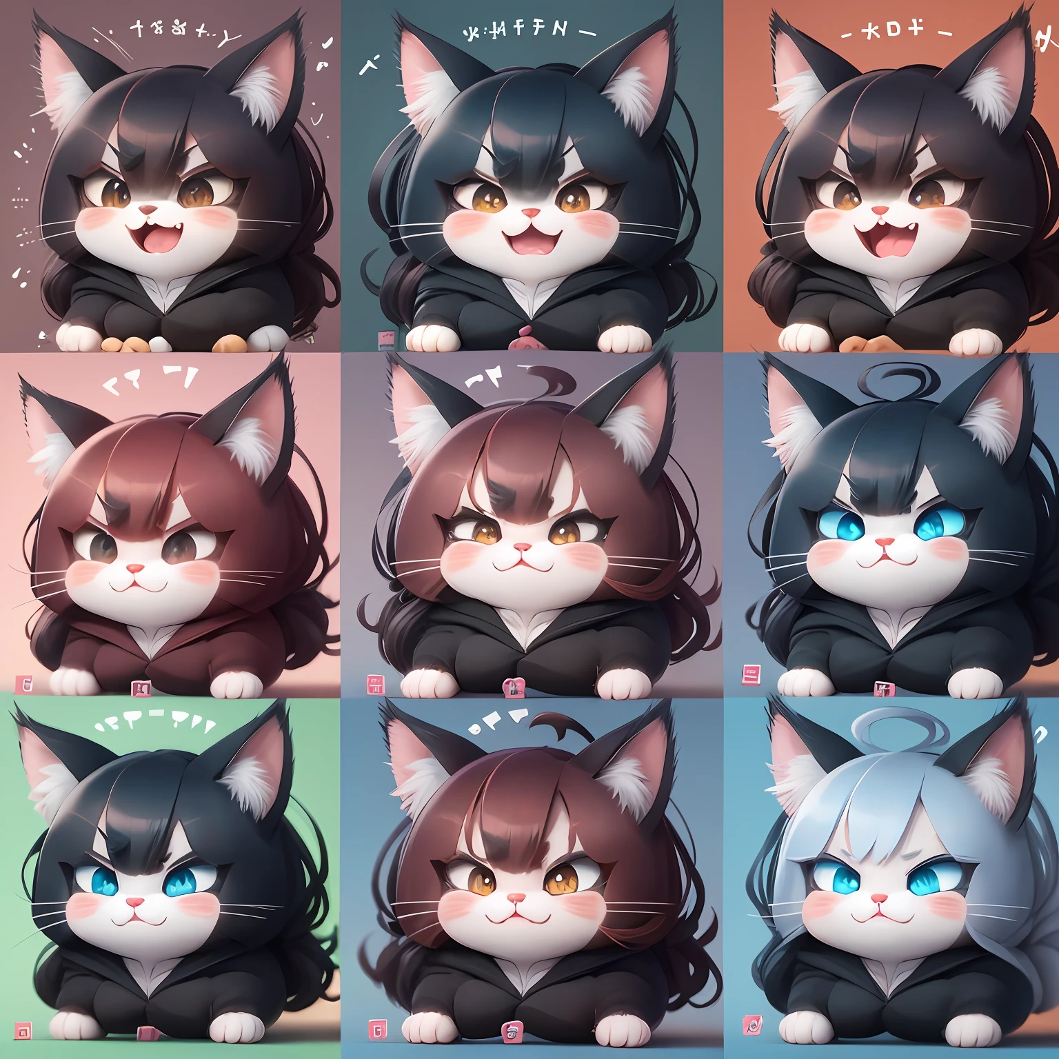 Various expressions of kitten furball, multiple poses and expressions, happy, angry, sad, crying, cute, expressing love, etc., emoji, f/64 groups, related characters, bold silhouette --AR 4:3 --niji 5 --cute style --s 400 --v 5, cute kitten, 2D character, white background, rich expressions, joy and sorrow, go to the background, the size is the same, --auto --s2