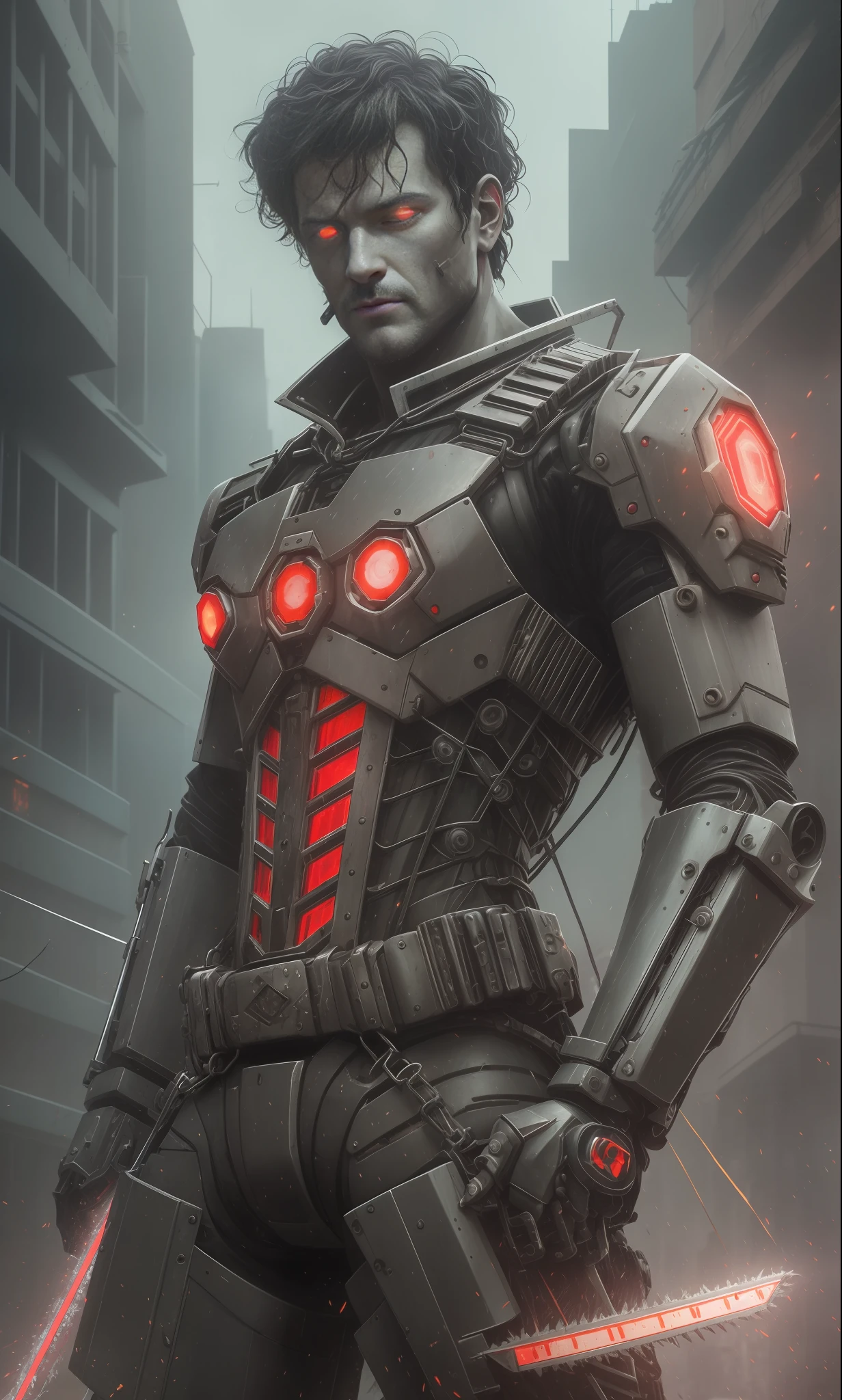 Dark_Fantasy,Cyberpunk,(chain saw,chain saw man,Red:1.1),1man,Mechanical marvel,Robotic presence,Cybernetic guardian, wearing a worn-out mech suit, intricate, (steel metal [rusty]), elegant, clear focus, shot by greg rutkowski, soft lighting, vibrant colors, masterpiece, ((street)), cowboy shot, dynamic pose, --auto --s2