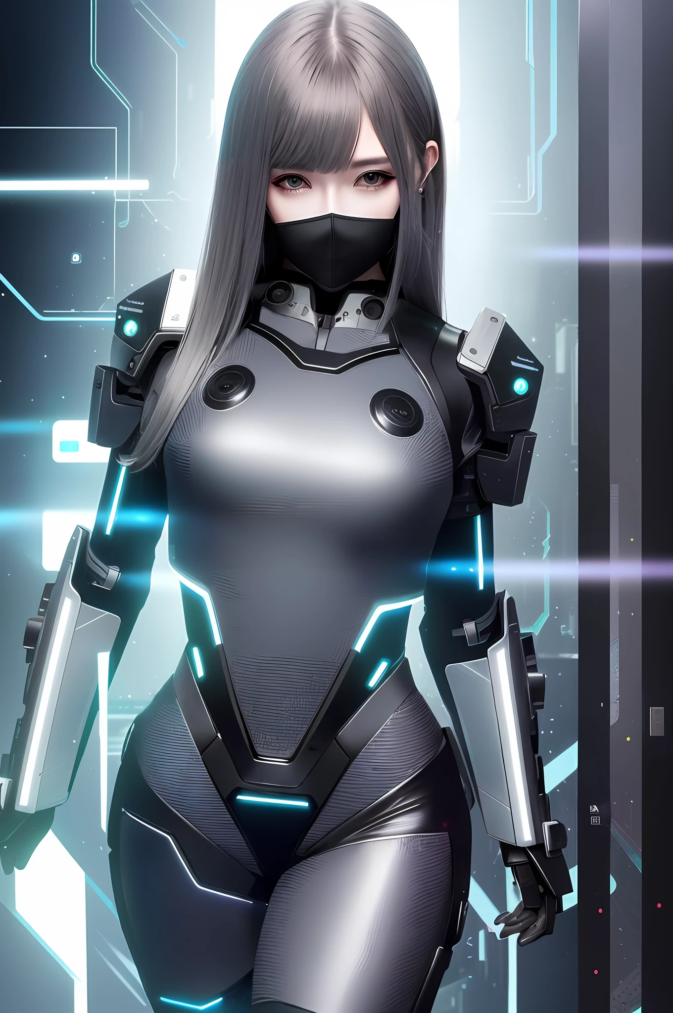 1girl, Robot Girl (solo), anime, ceramic mask, high detail bionic eyes, kuroyu style, gray skin, large breasts, facial implants, bionic armor (plastic carbon texture), metal bones, steel and titanium leather, bionic face, mechanical joints, hard eye circle, extremely detailed full-body armor, jet engines, dark dynamic background, glowing eyes, cyberpunk style, glowing aura), dynamic pose, android girl, perfect hands(five fingers) cyberpunk, computer glitch, holograms, hacking, absurd, in a hyper-detailed room full of computers and computer screens, (best quality), digital illustration of cyber dead,