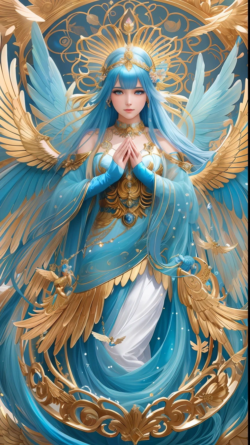 a painting of a woman with blue hair and gold wings, goddess. extremely high detail, anime goddess, 8k high quality detailed art, a beautiful fantasy empress, extremely detailed goddess shot, of beautiful angel, detailed fantasy digital art, 4k highly detailed digital art, ((a beautiful fantasy empress)), mystical atlantean valkyrie, beautiful young wind spirit, celestial goddess