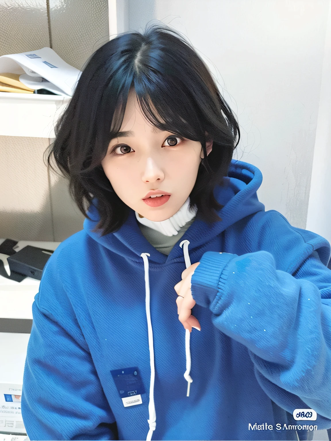 A woman in a blue hoodie poses for a photo