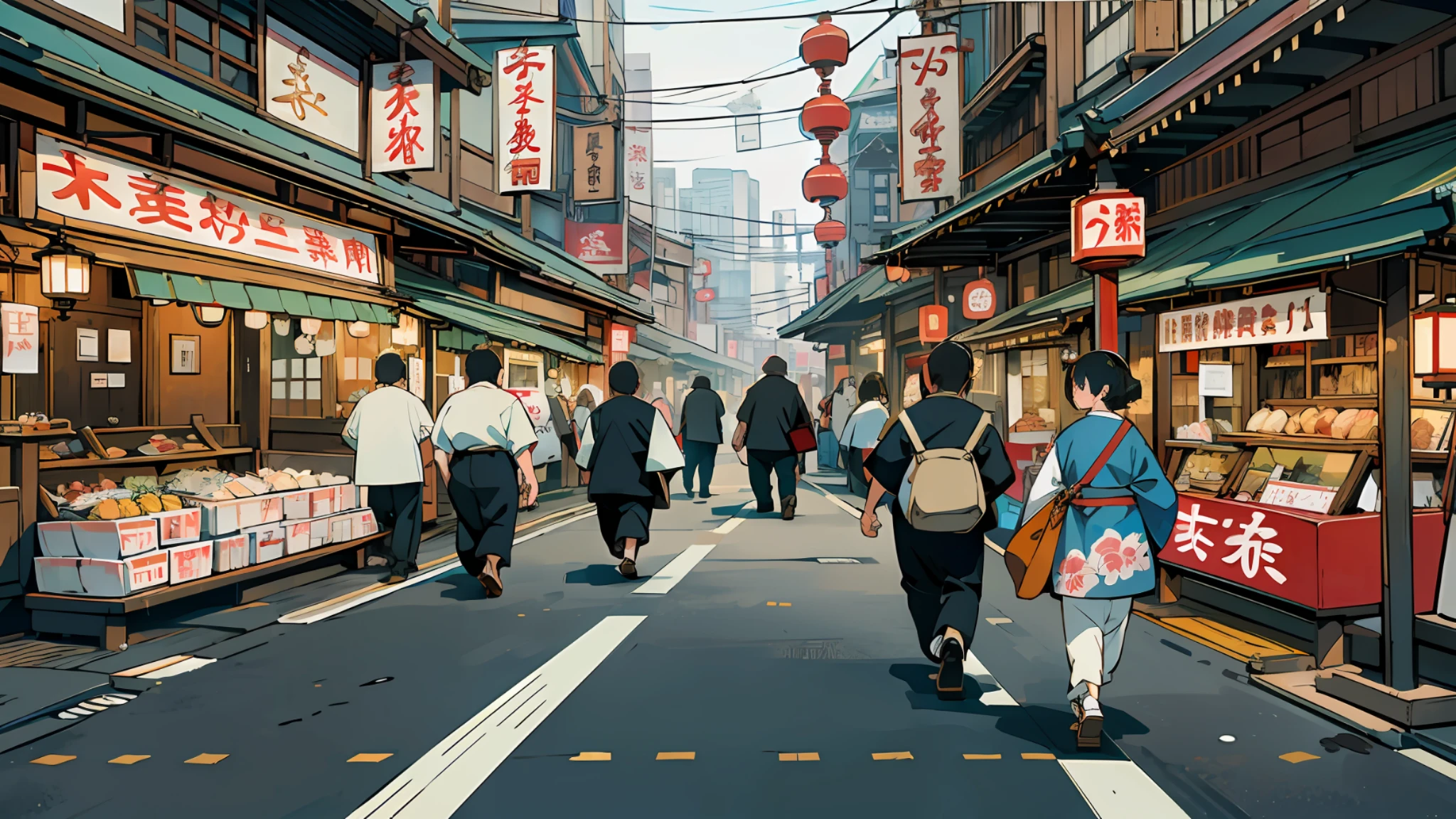 Tsukiji Outer Market, top quality, shops, real world, fantasy, charming, modern, (no human: 1), Japan modern street, busy street, traditional architecture, lanterns, old-fashioned wooden signs, modern atmosphere. Road wide, ultra wide angle lens 11mm, perspective, --auto --s2