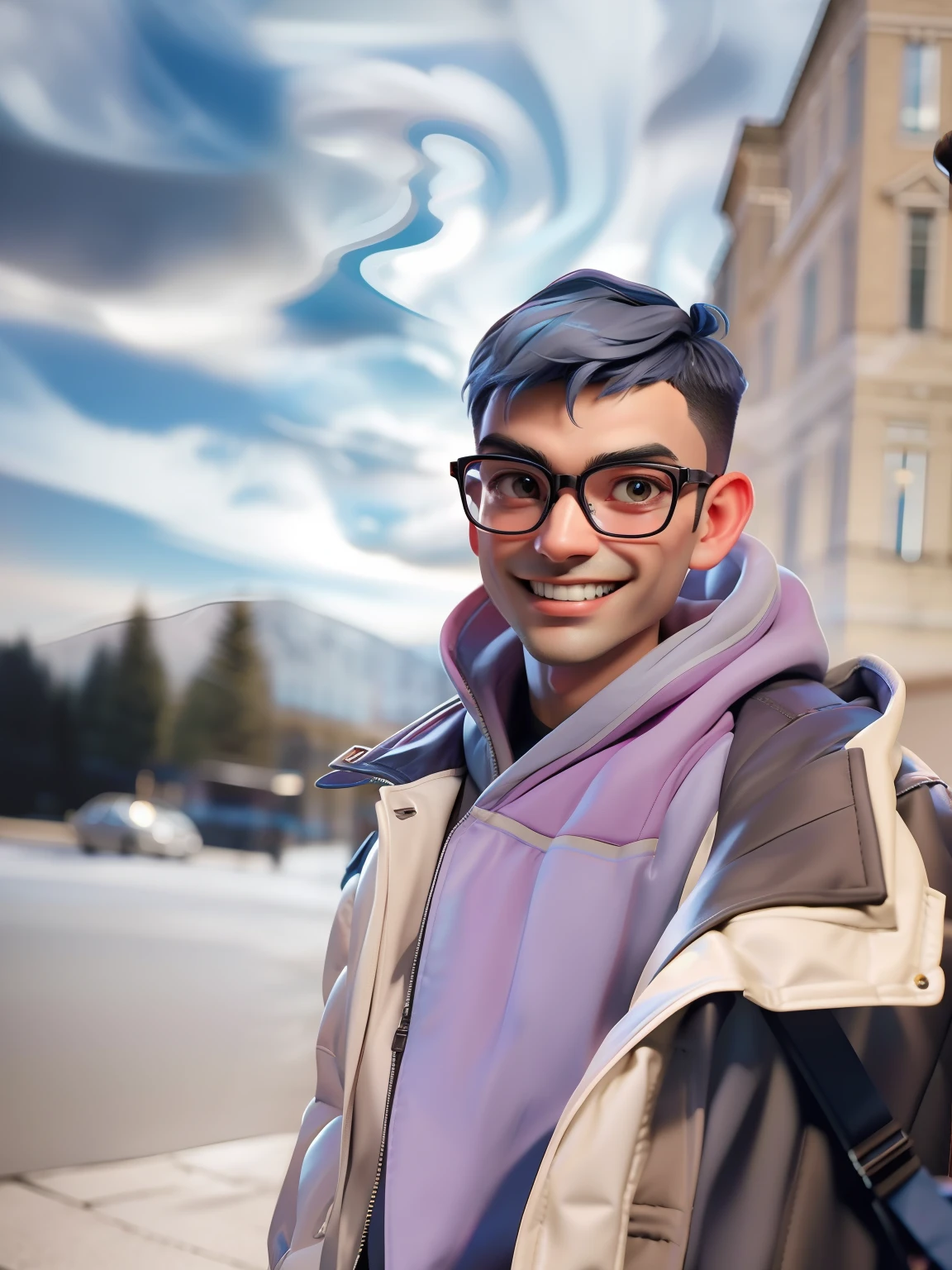 (masterpiece),(best quality:1.0), (dramatic lighting, dynamic angle, intense color contrast), [(man with glasses and short blue haircut: 1.2), (looking directly at the camera: 1.2), (smiling: 1.2), (wearing a gray jacket: 1.1), (preparing for battle: 1.1), (landscape: 1.1)], (bright spotlight, live music)