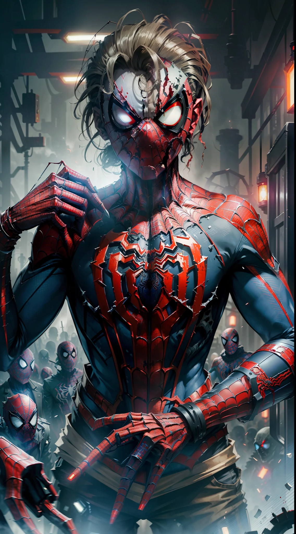 ((zombies), (machinery), (darkness), (epidemic), (detailed), (colorful) (Spider-Man)), red eyes, red streamers, black and white pen and ink, dim lights, exude great power, shrouded in a terrifying atmosphere.
