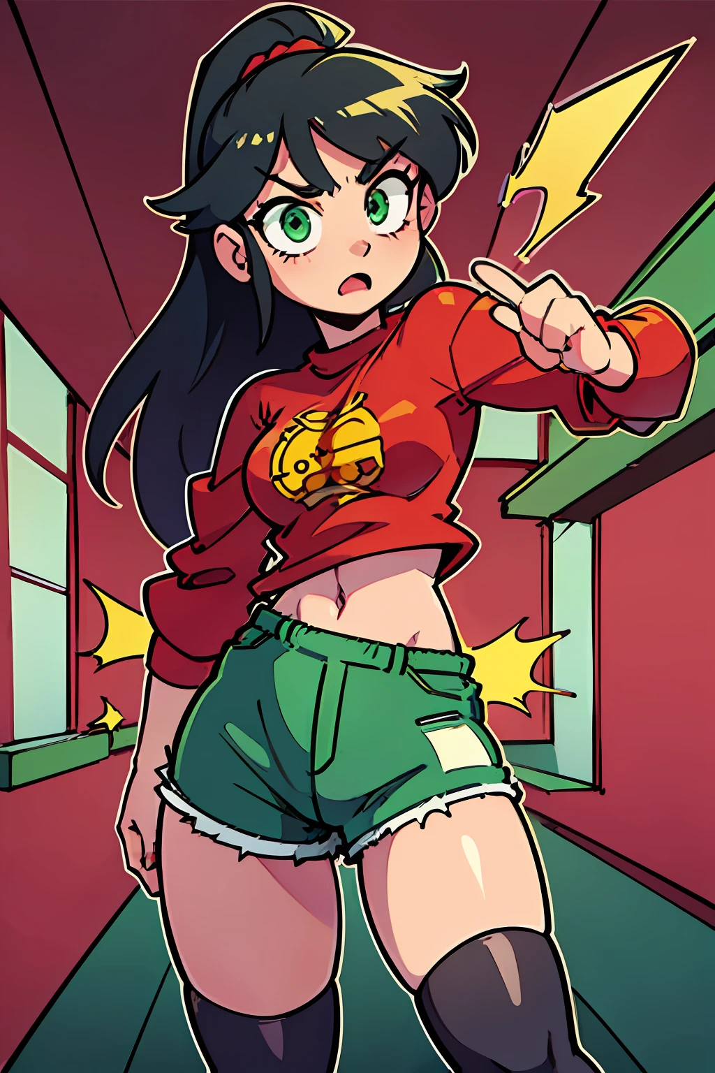 masterpiece, high quality, (anime), best quality, 1girl, very detailed eyes and face, loose red shirt, dynamic pose, dynamic light, face only, ponytail hair, (background: classroom), (((green eyes))), dark hair, ((((red shirt)))), ((yellow logo)), denim shorts, aquamarine shorts, ((discouraged)), black hair, yellow bun, stop, ((short long))), (gray tights), front view,  dark black hair, flat chest, (15 years), small figure, small thighs, (G logo), large size shirt, thin body, ponytail hair, ((dynamic background)), dark greenish hair, close view,