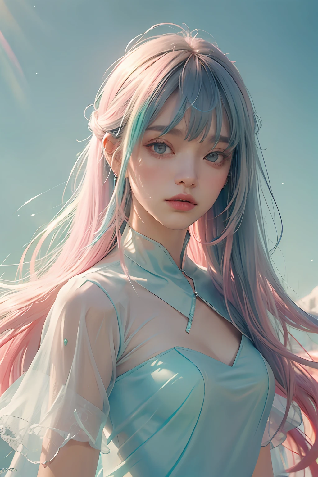 (fluorescent colors:1.4),(translucent:1.4),(retro filters:1.4), (fantasy:1.4), candy world Disney land ethereal soft fluffy soft landscape forest snowavatar Pastel pink sky green blue sparkle ethereal light pastel whimsical light rainbow stars diamonds sparkle gemstone background hyper realistic Ultra quality cinematic lighting immense detail Full hd painting Well lit,diagonal bangs,
collared dress,on side
masterpiece, best quality,realskin,(portrait:1.5), 1girl, blunt bangs, long hair