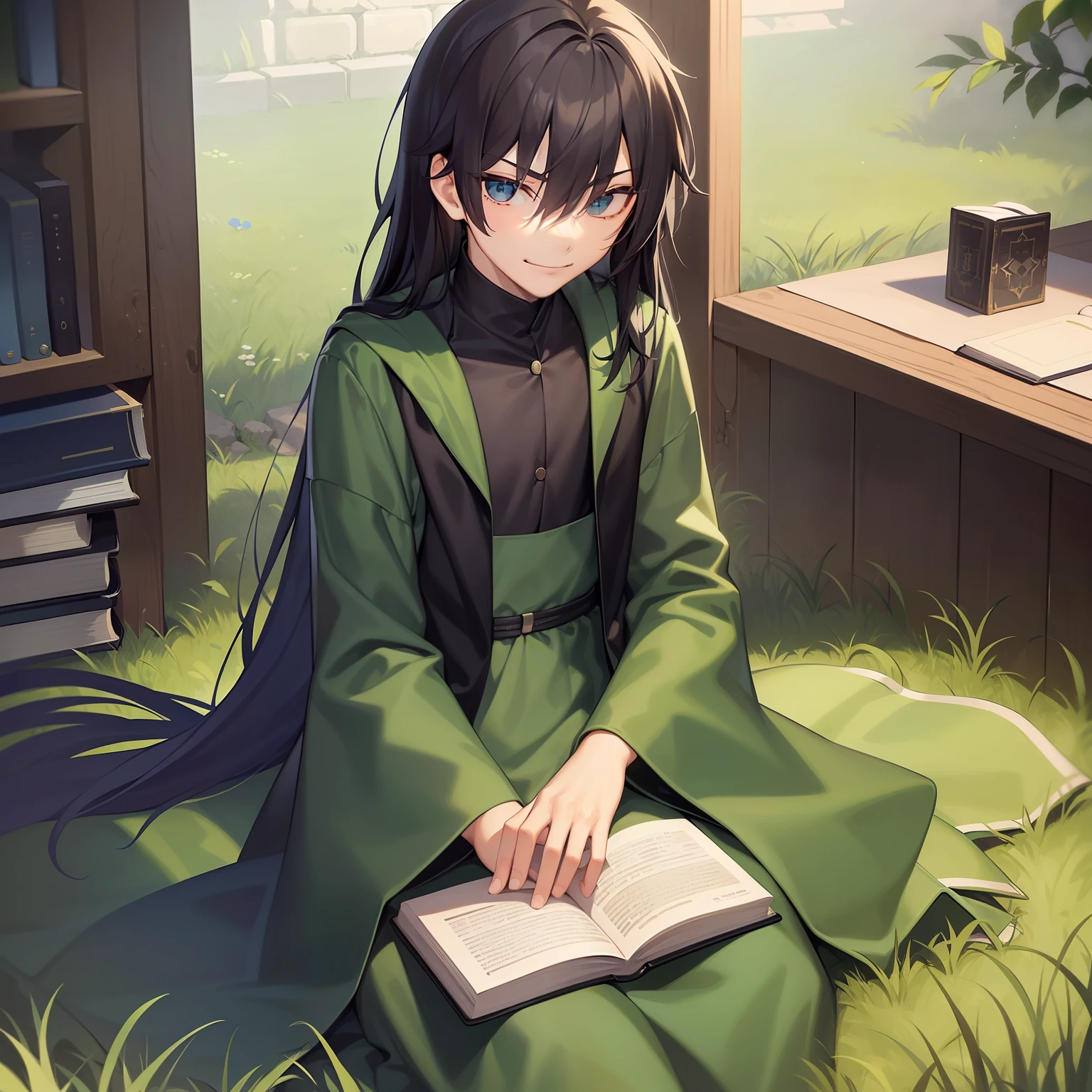 1boy, solo, (((androgynous))), (cute), (smirk), ((mysterious)), (long black hair), (book on lap), (top down view), green , grass hill