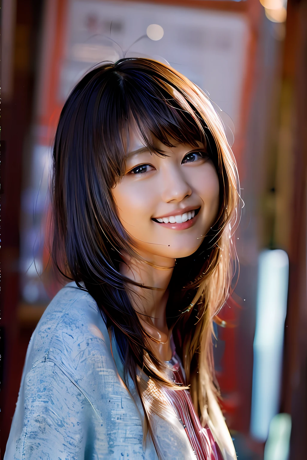 (8k, RAW photo, best quality, masterpiece:1.2), (realistic, photo-realistic:1.37), ultra-detailed, ultra high res,1 girl,looking at viewer,beautiful detailed face,smile,narrow,(slim waist:1.3),shirt, beautiful detailed skin, skin texture, floating hair,professional lighting,