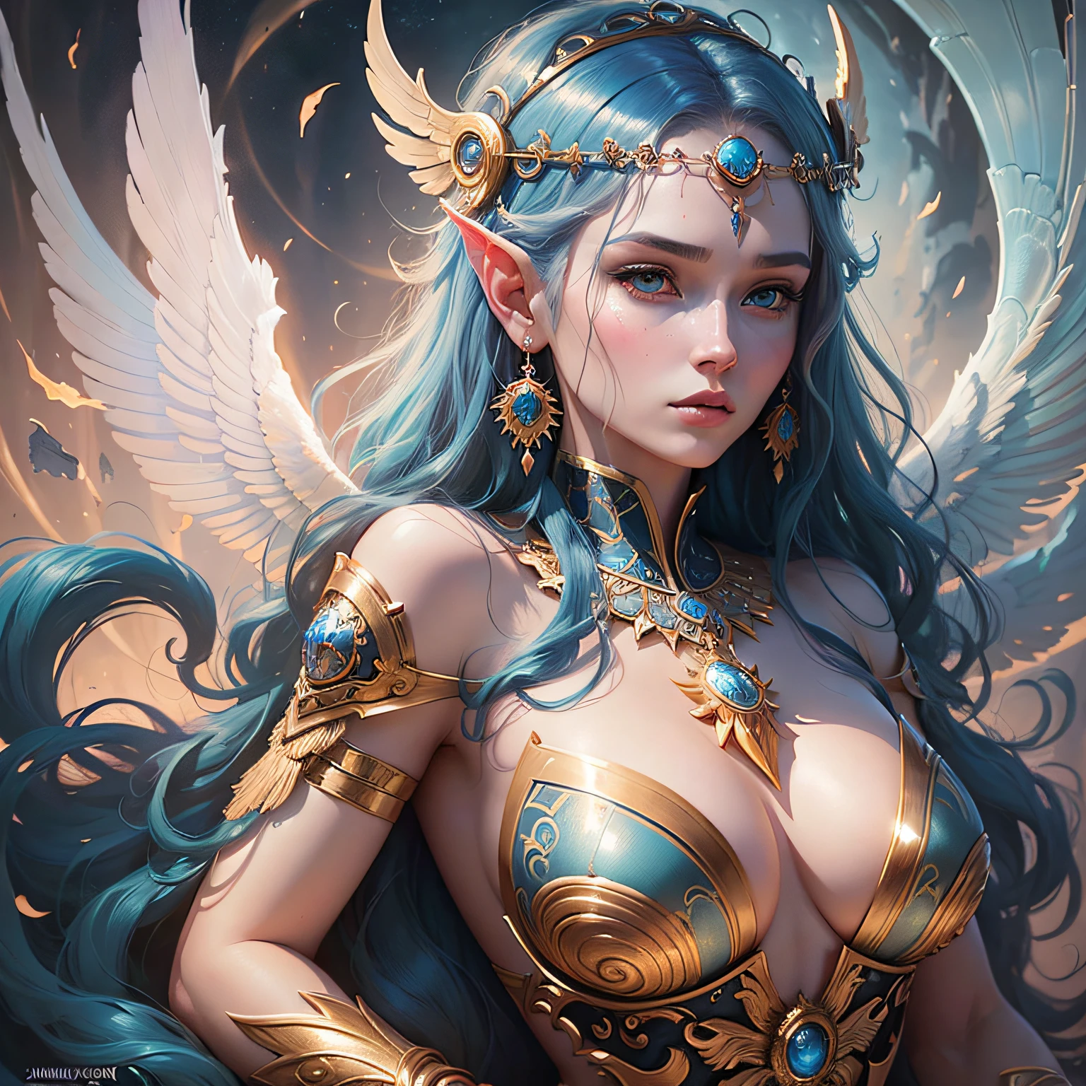 A painting of a woman with blue hair and golden wings, a goddess. Extremely high detail, anime goddess, 8K high quality detail art, beautiful fantasy queen, extremely detailed goddess shot, beautiful angel, detailed fantasy digital art, 4K highly detailed digital art, (((beautiful fantasy queen)), mysterious Atlantean Valkyrie, beautiful young wind spirit, celestial goddess, James Jean soft light 4K, Yuri Schvedorf and Tom Bagshaw, beautiful digital artwork, Sylvain Sarrell and Igor Mosky --auto --s2